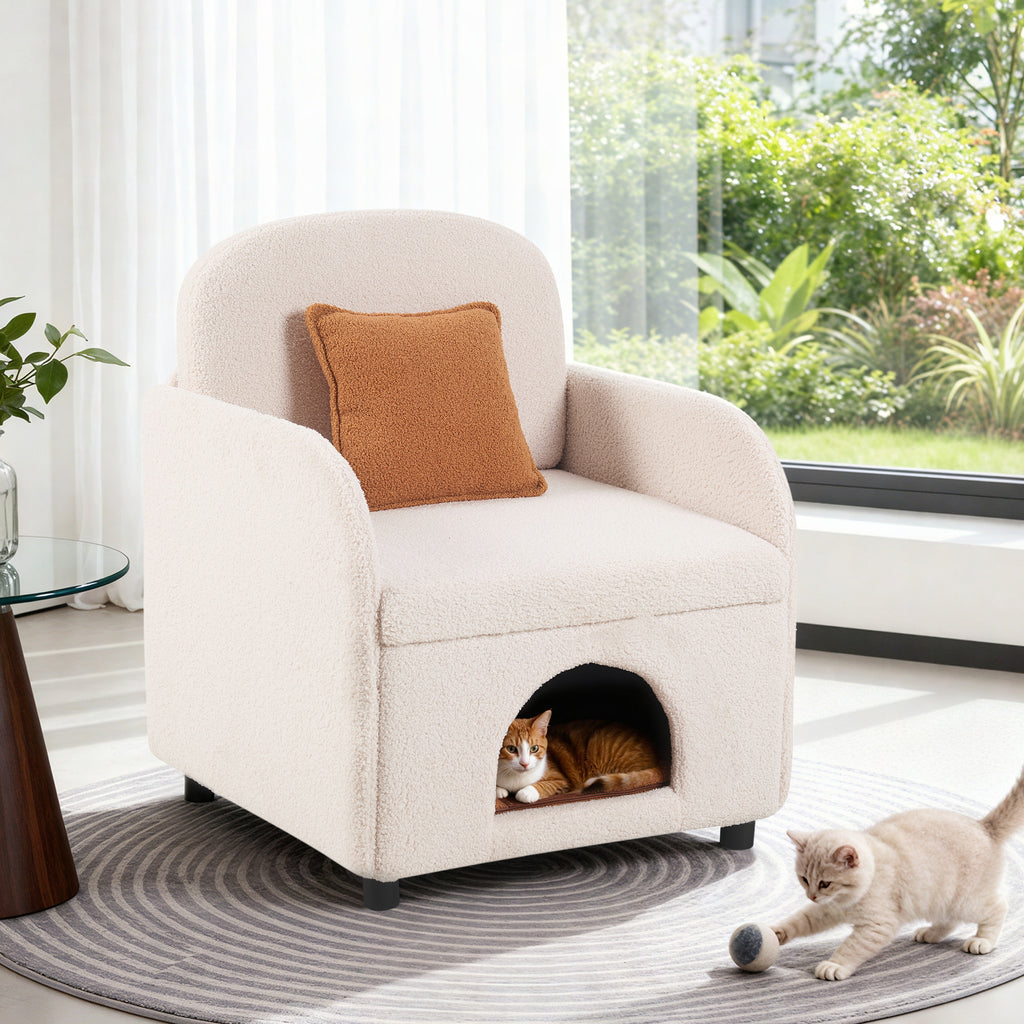 Furniture Style 2 in 1 Pet Friendly Fluffy Fabric Sherpa Upholstered Leisure Armchair with Lumbar Pillow for Living Room Bedroom Home and Office, Cream White