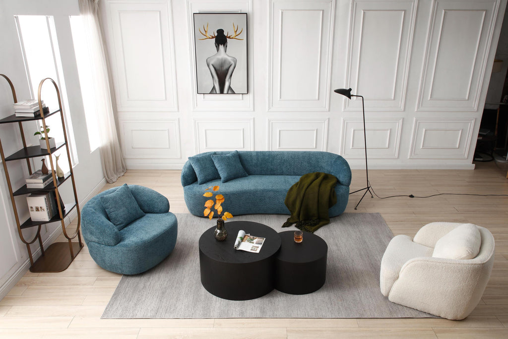 360° Swivel Mid Century Modern Curved Sofa, 1-Seat Cloud couch Boucle sofa Fabric Couch, Blue