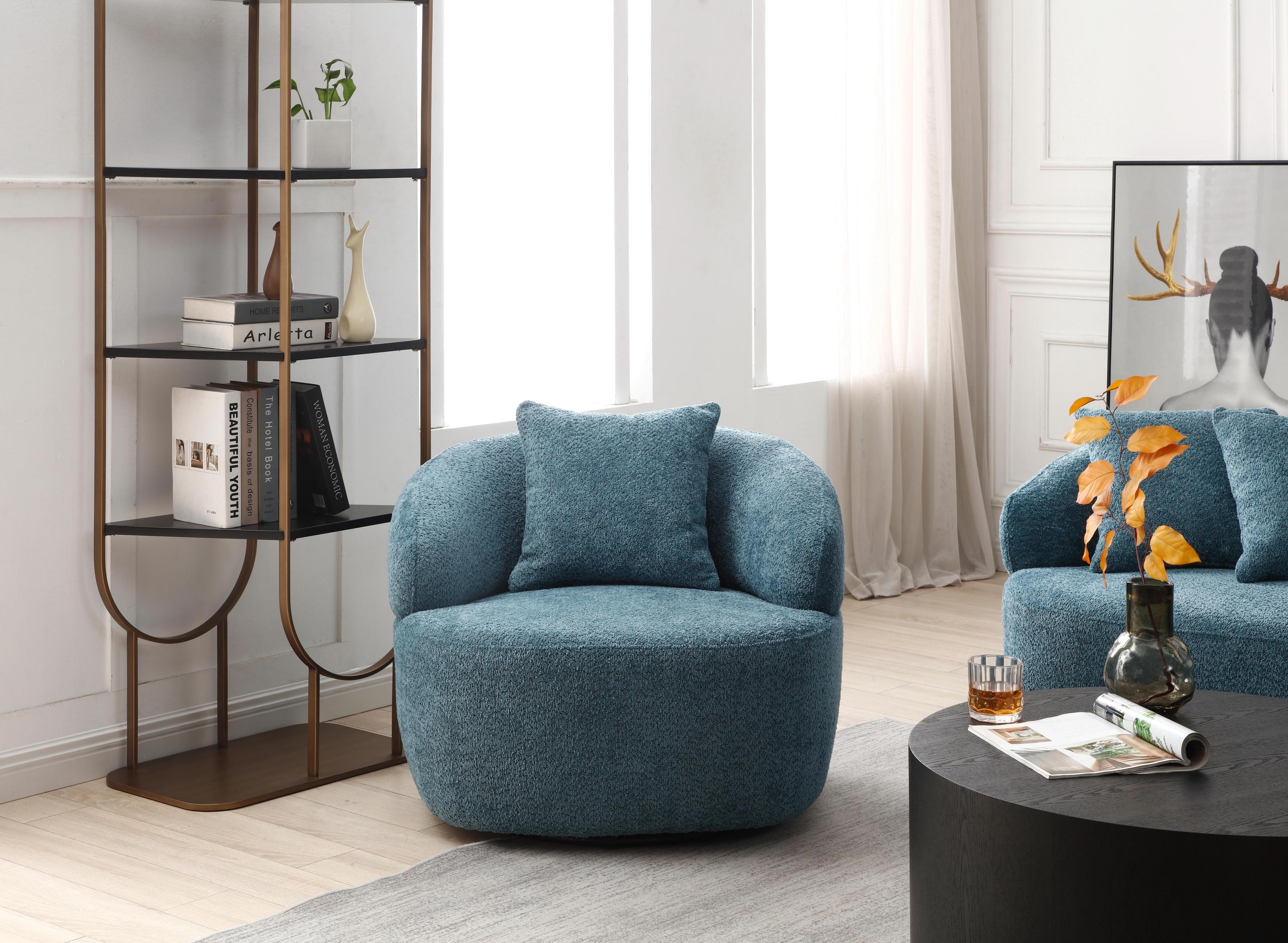 360° Swivel Mid Century Modern Curved Sofa, 1-Seat Cloud couch Boucle sofa Fabric Couch, Blue