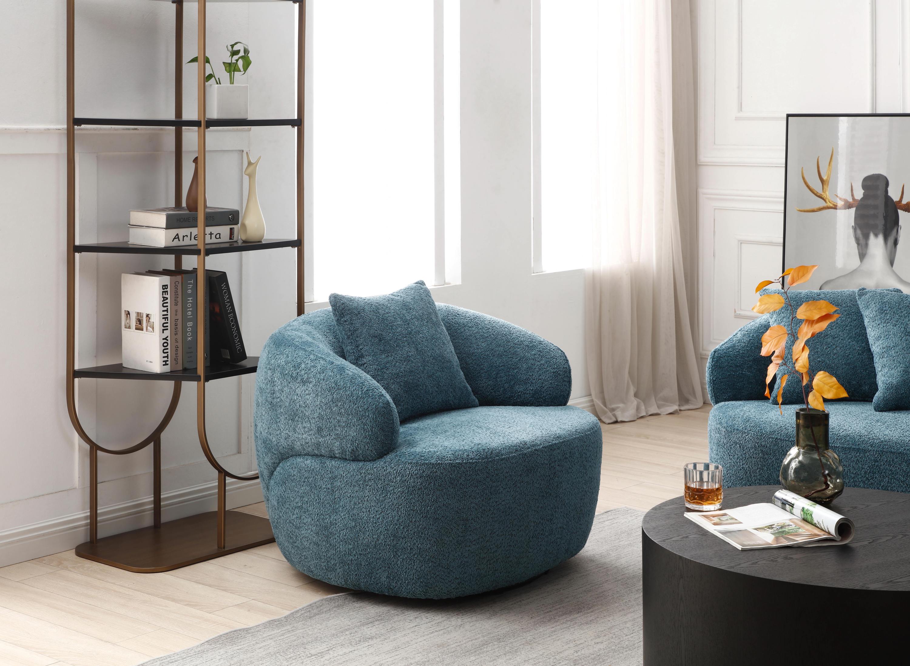 360° Swivel Mid Century Modern Curved Sofa, 1-Seat Cloud couch Boucle sofa Fabric Couch, Blue