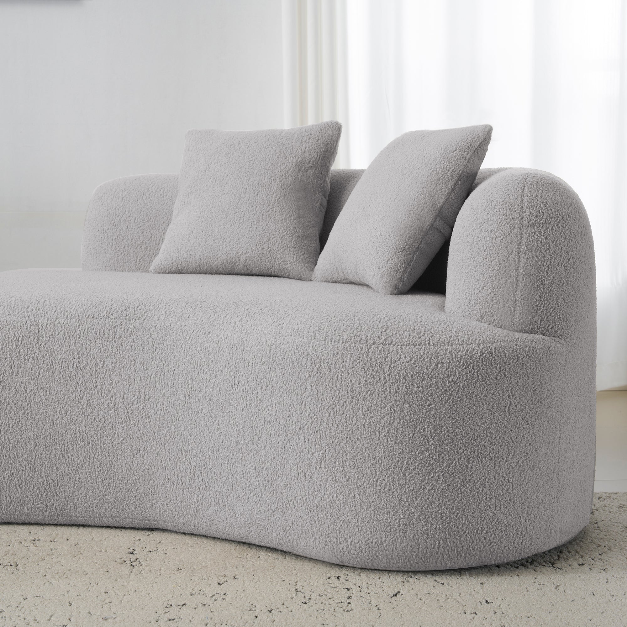 Curved Four Seater Grey Full Compression Sponge Sofa, Teddy Velvet Fabric, No-Assembly Compact Sofa for Small Spaces & Apartments