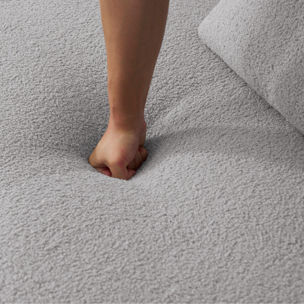 Curved Four Seater Grey Full Compression Sponge Sofa, Teddy Velvet Fabric, No-Assembly Compact Sofa for Small Spaces & Apartments