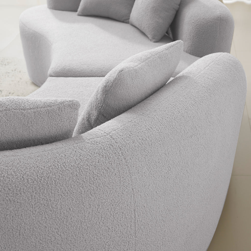 Curved Four Seater Grey Full Compression Sponge Sofa, Teddy Velvet Fabric, No-Assembly Compact Sofa for Small Spaces & Apartments