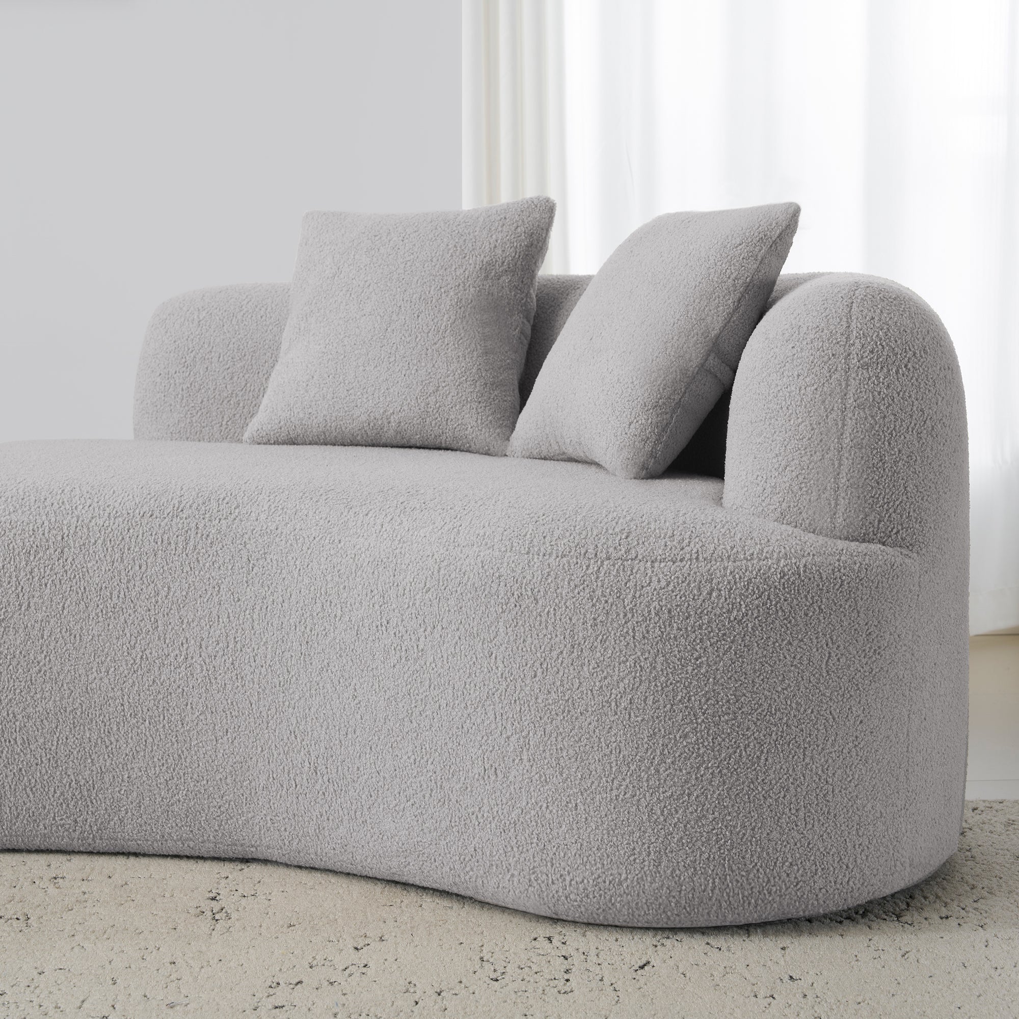 Curved Four Seater Grey Full Compression Sponge Sofa, Teddy Velvet Fabric, No-Assembly Compact Sofa for Small Spaces & Apartments