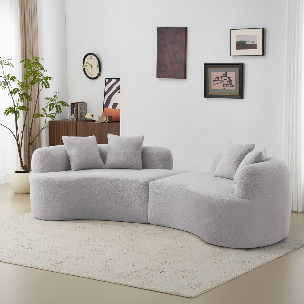 Curved Four Seater Grey Full Compression Sponge Sofa, Teddy Velvet Fabric, No-Assembly Compact Sofa for Small Spaces & Apartments