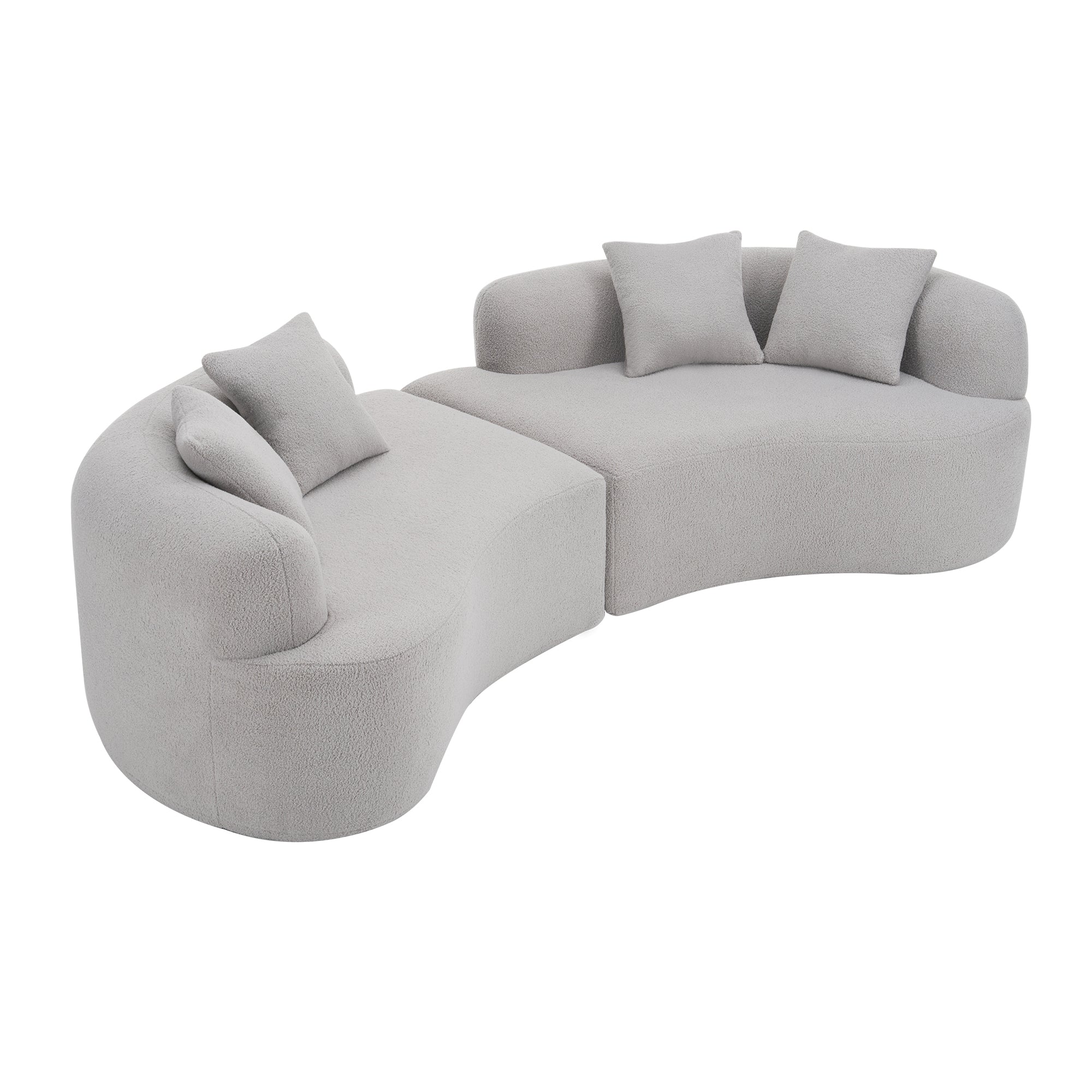 Curved Four Seater Grey Full Compression Sponge Sofa, Teddy Velvet Fabric, No-Assembly Compact Sofa for Small Spaces & Apartments