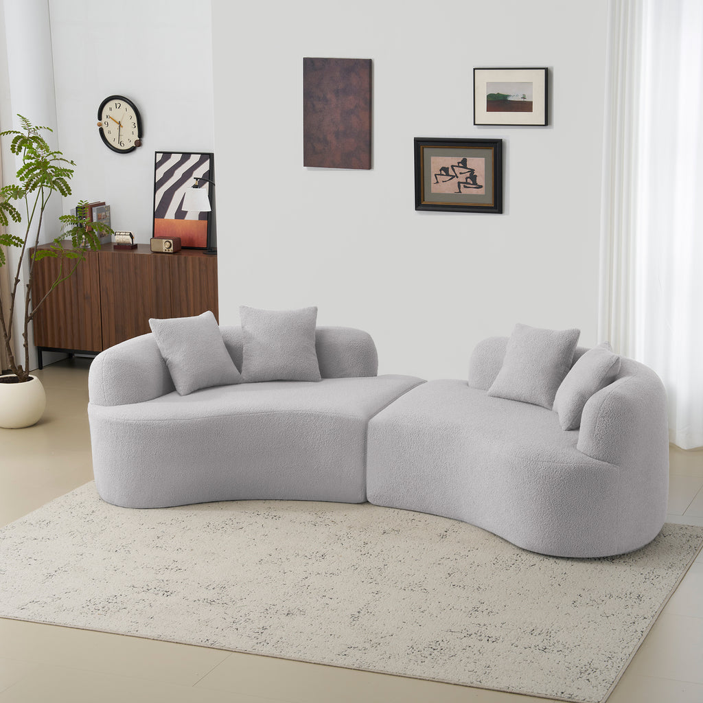 Curved Four Seater Grey Full Compression Sponge Sofa, Teddy Velvet Fabric, No-Assembly Compact Sofa for Small Spaces & Apartments