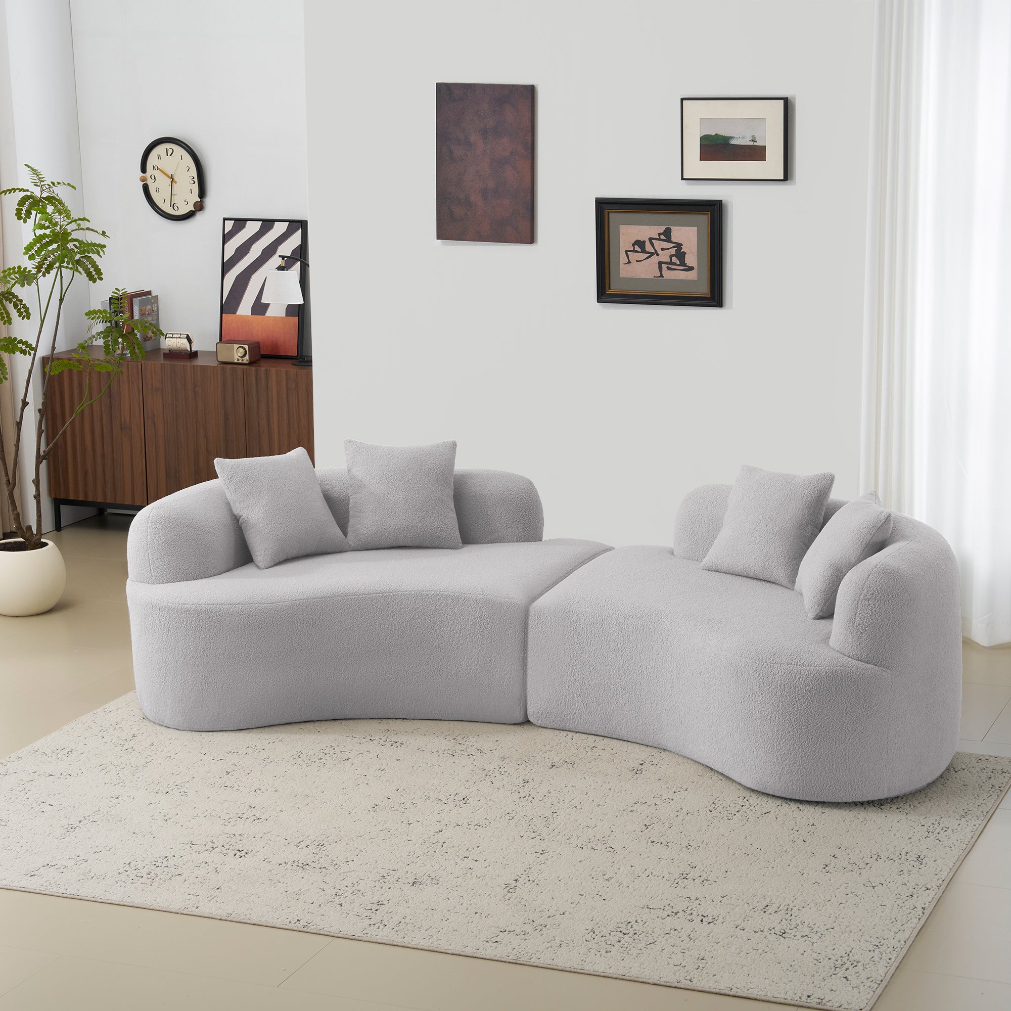 Curved Four Seater Grey Full Compression Sponge Sofa, Teddy Velvet Fabric, No-Assembly Compact Sofa for Small Spaces & Apartments