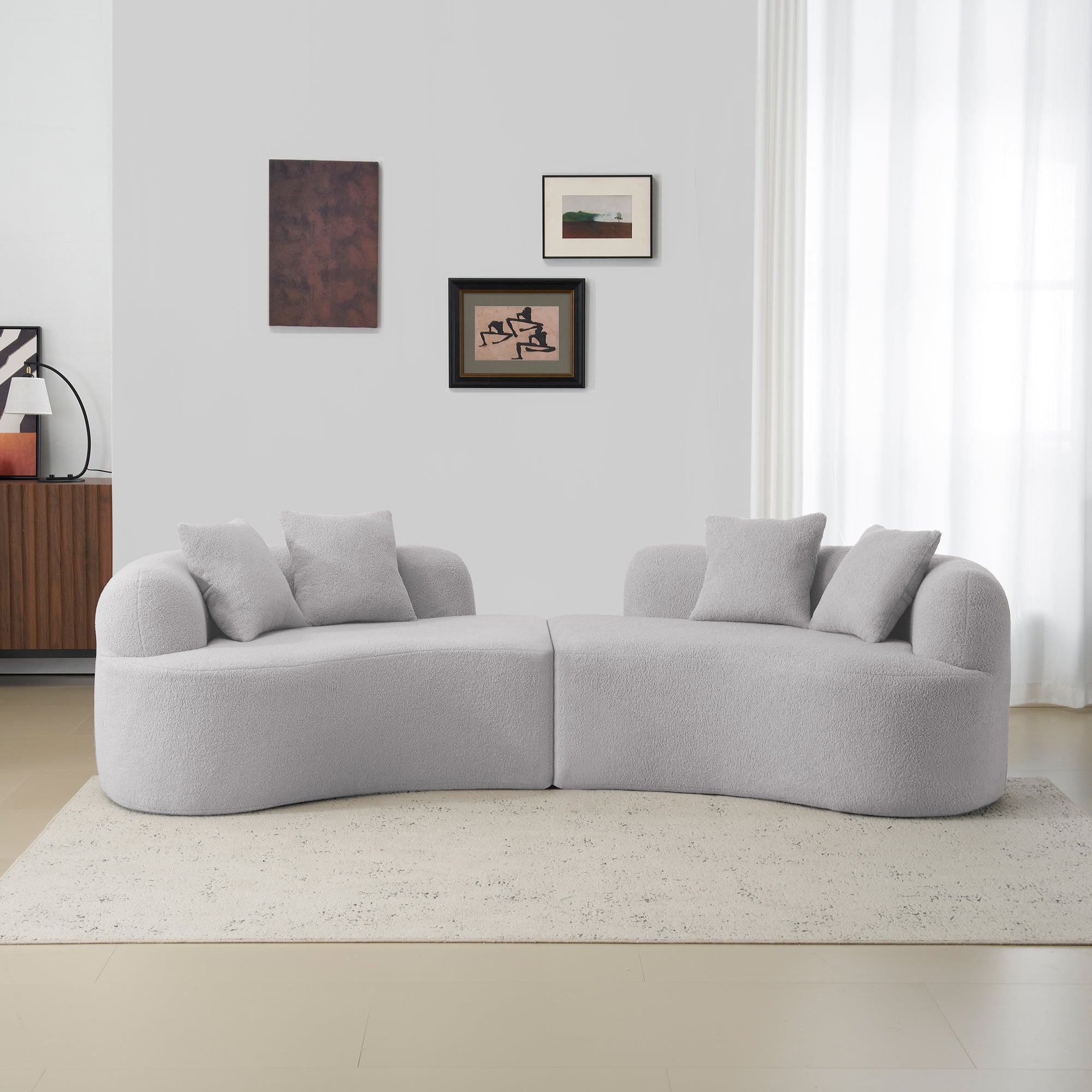 Curved Four Seater Grey Full Compression Sponge Sofa, Teddy Velvet Fabric, No-Assembly Compact Sofa for Small Spaces & Apartments