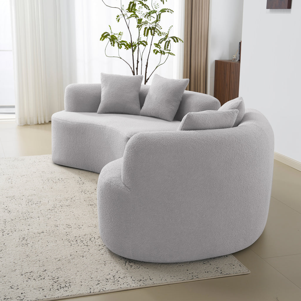 Curved Four Seater Grey Full Compression Sponge Sofa, Teddy Velvet Fabric, No-Assembly Compact Sofa for Small Spaces & Apartments