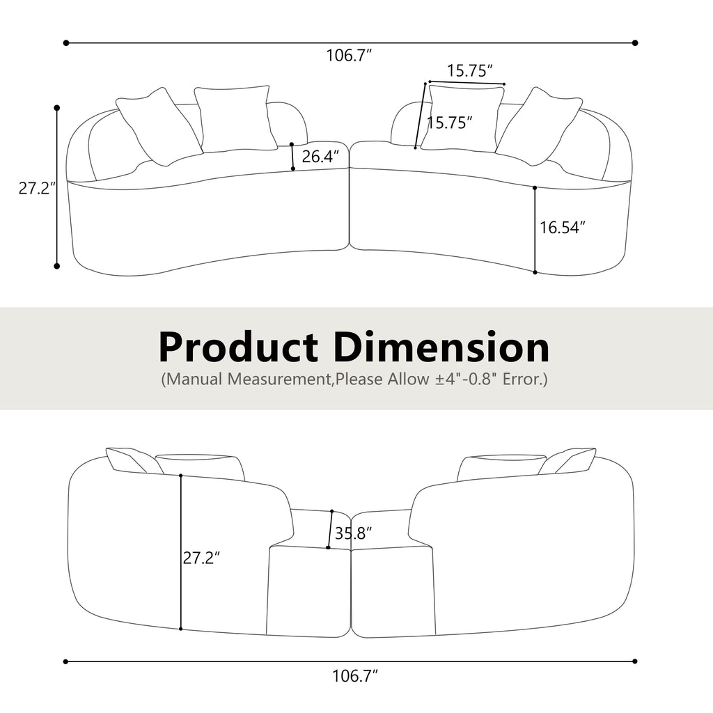 Curved Four Seater Grey Full Compression Sponge Sofa, Teddy Velvet Fabric, No-Assembly Compact Sofa for Small Spaces & Apartments