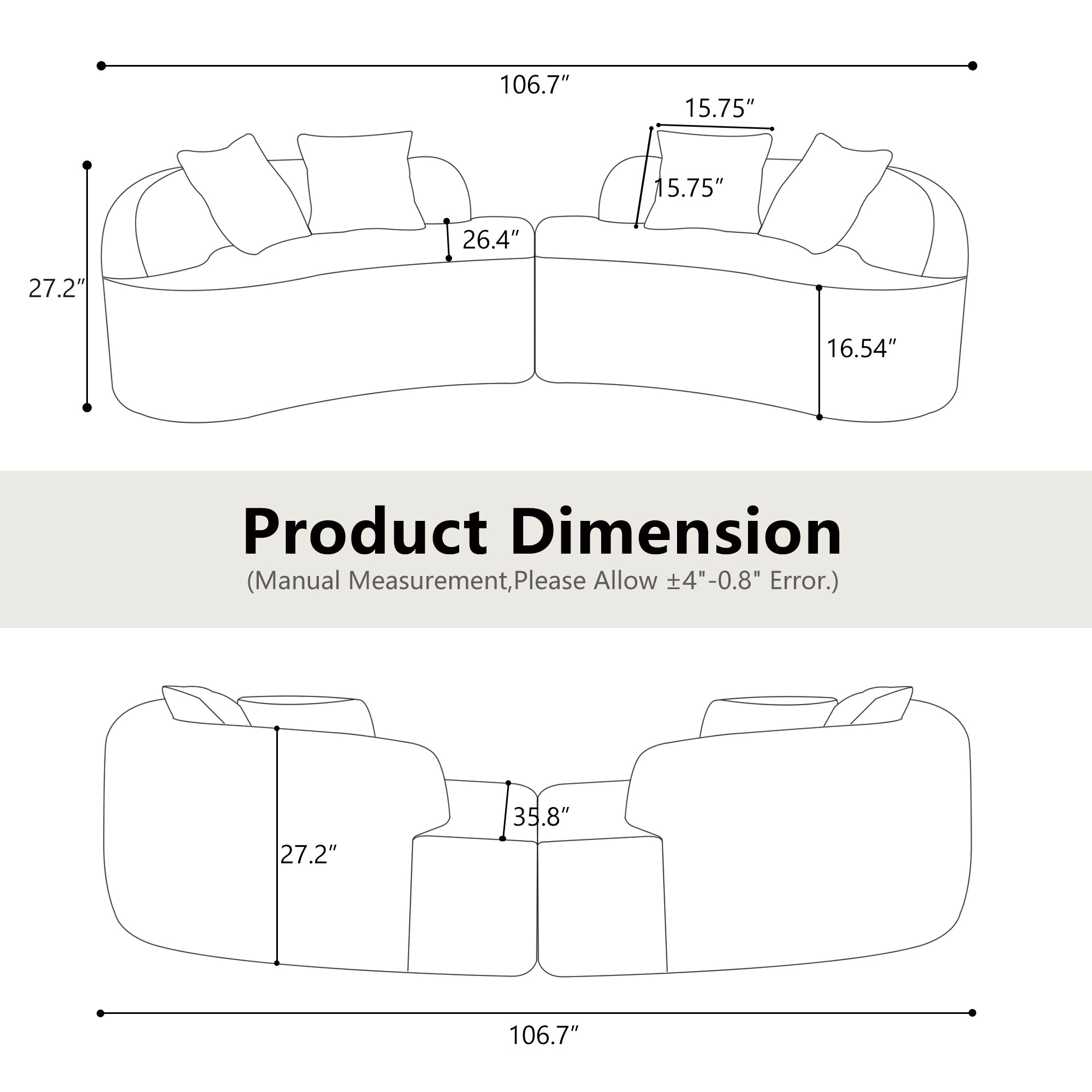 Curved Four Seater Grey Full Compression Sponge Sofa, Teddy Velvet Fabric, No-Assembly Compact Sofa for Small Spaces & Apartments