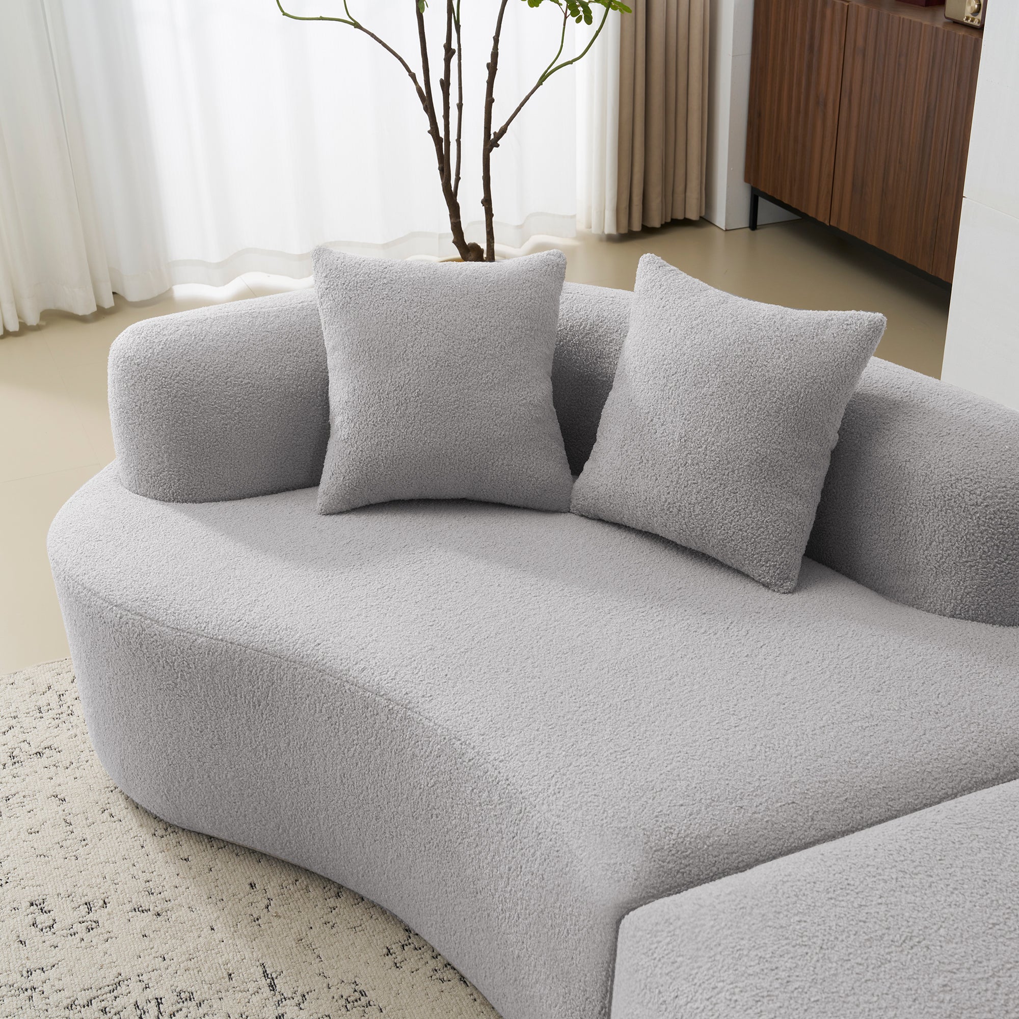 Curved Four Seater Grey Full Compression Sponge Sofa, Teddy Velvet Fabric, No-Assembly Compact Sofa for Small Spaces & Apartments