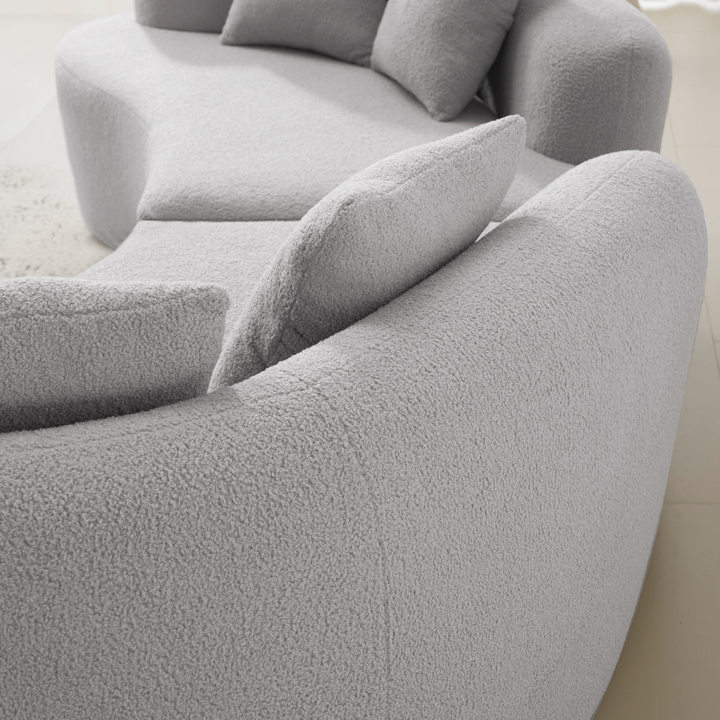 Curved Four Seater Grey Full Compression Sponge Sofa, Teddy Velvet Fabric, No-Assembly Compact Sofa for Small Spaces & Apartments