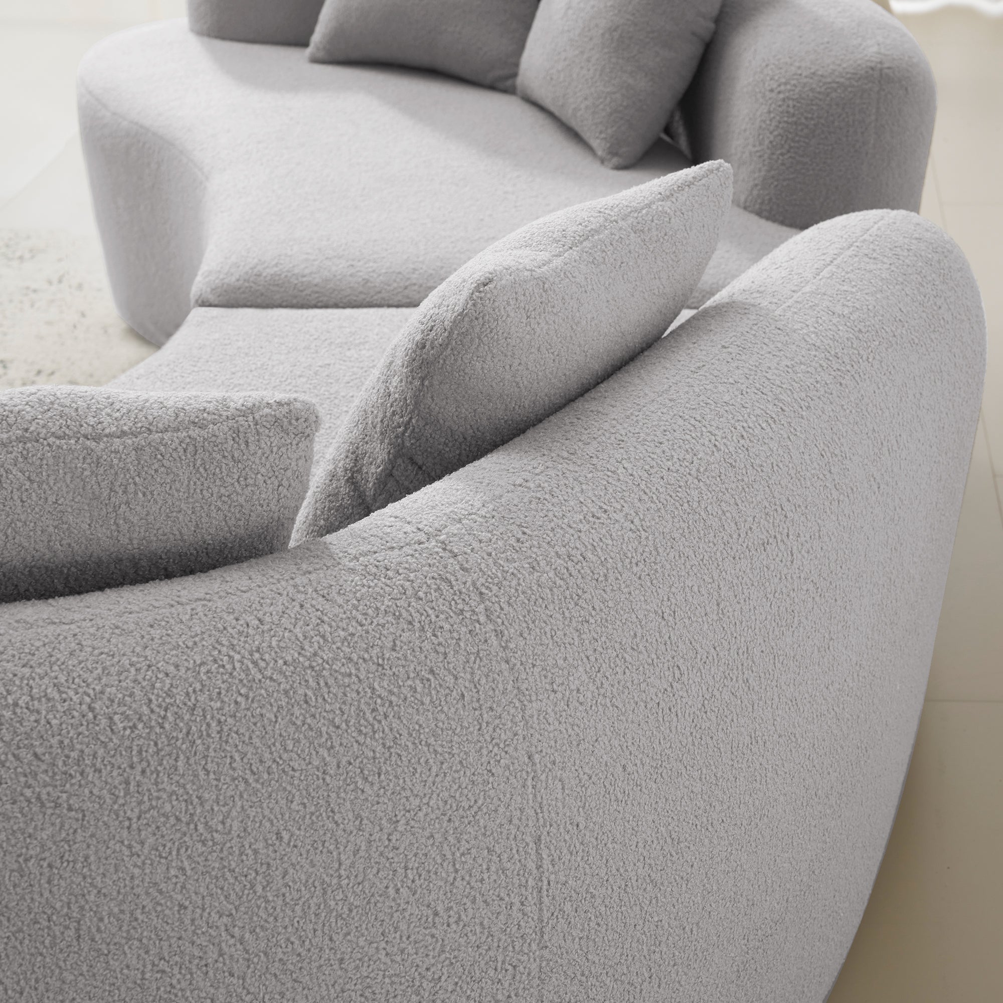 Curved Four Seater Grey Full Compression Sponge Sofa, Teddy Velvet Fabric, No-Assembly Compact Sofa for Small Spaces & Apartments