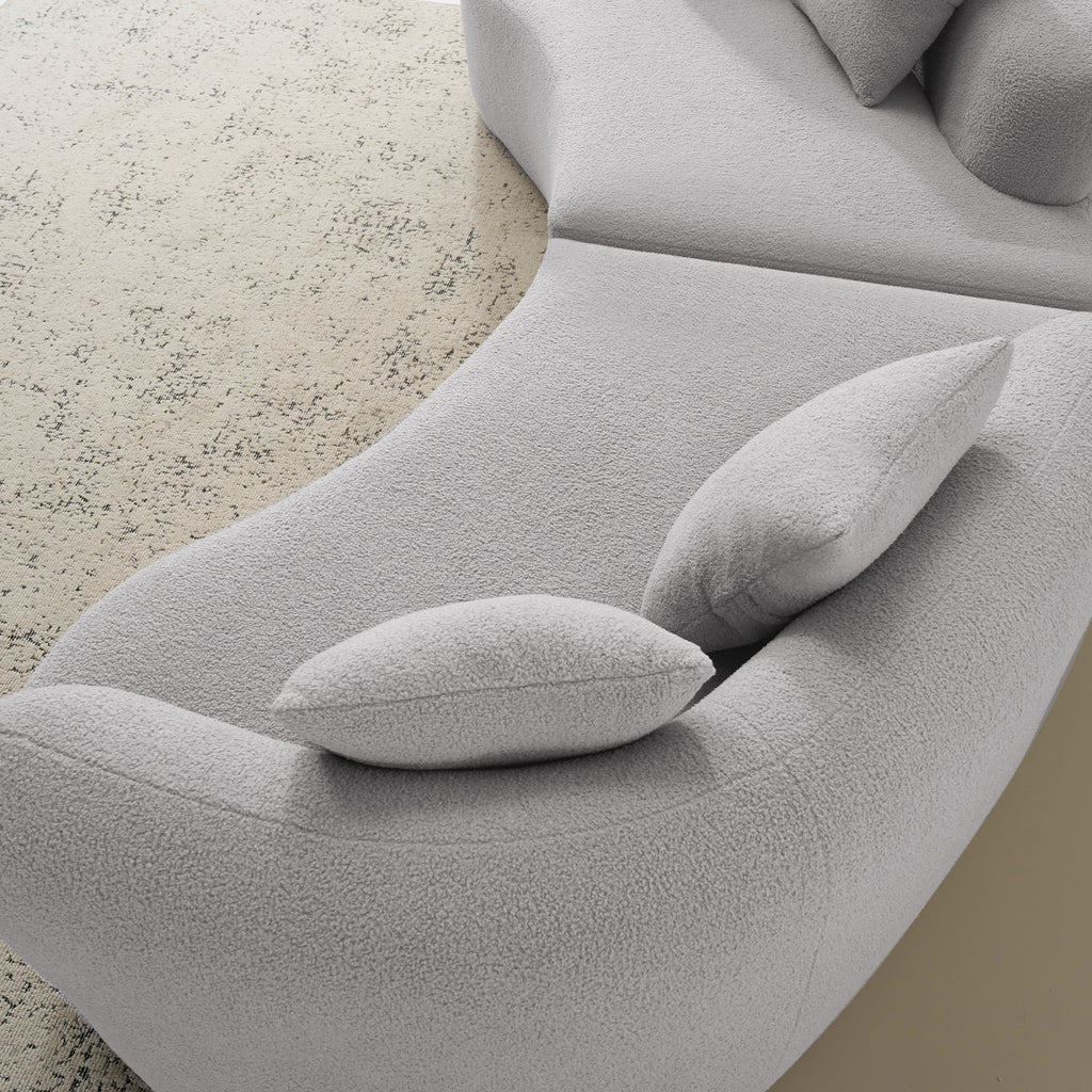 Curved Four Seater Grey Full Compression Sponge Sofa, Teddy Velvet Fabric, No-Assembly Compact Sofa for Small Spaces & Apartments