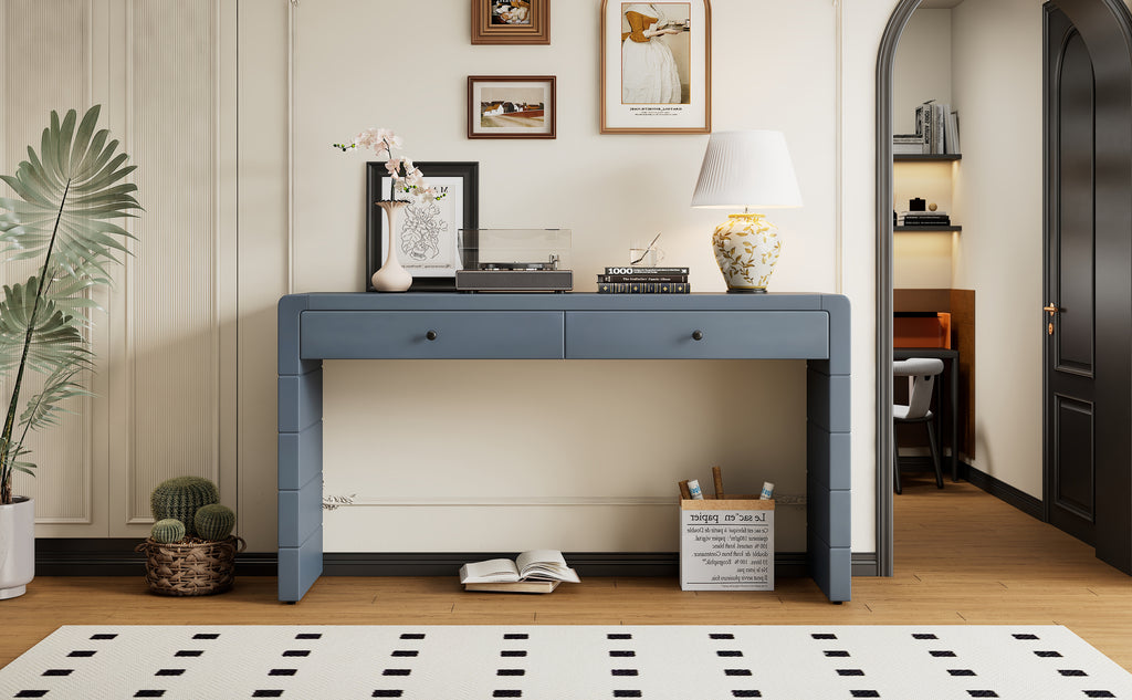 TREXM Curved Console Table with Storage, Wooden Entryway Table with 2 Drawers, Farmhouse Rustic Console Tables for Entryway, Hallway, Living Room, Navy