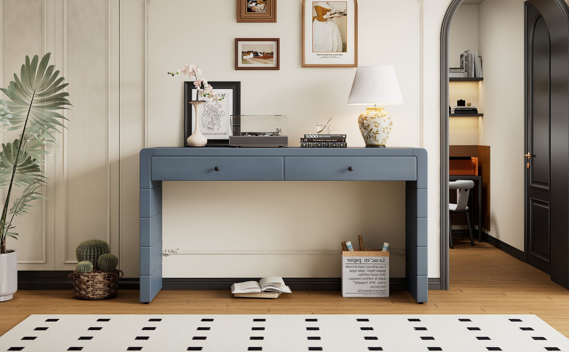 TREXM Curved Console Table with Storage, Wooden Entryway Table with 2 Drawers, Farmhouse Rustic Console Tables for Entryway, Hallway, Living Room, Navy