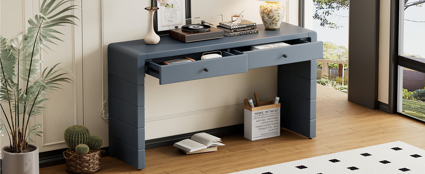 TREXM Curved Console Table with Storage, Wooden Entryway Table with 2 Drawers, Farmhouse Rustic Console Tables for Entryway, Hallway, Living Room, Navy