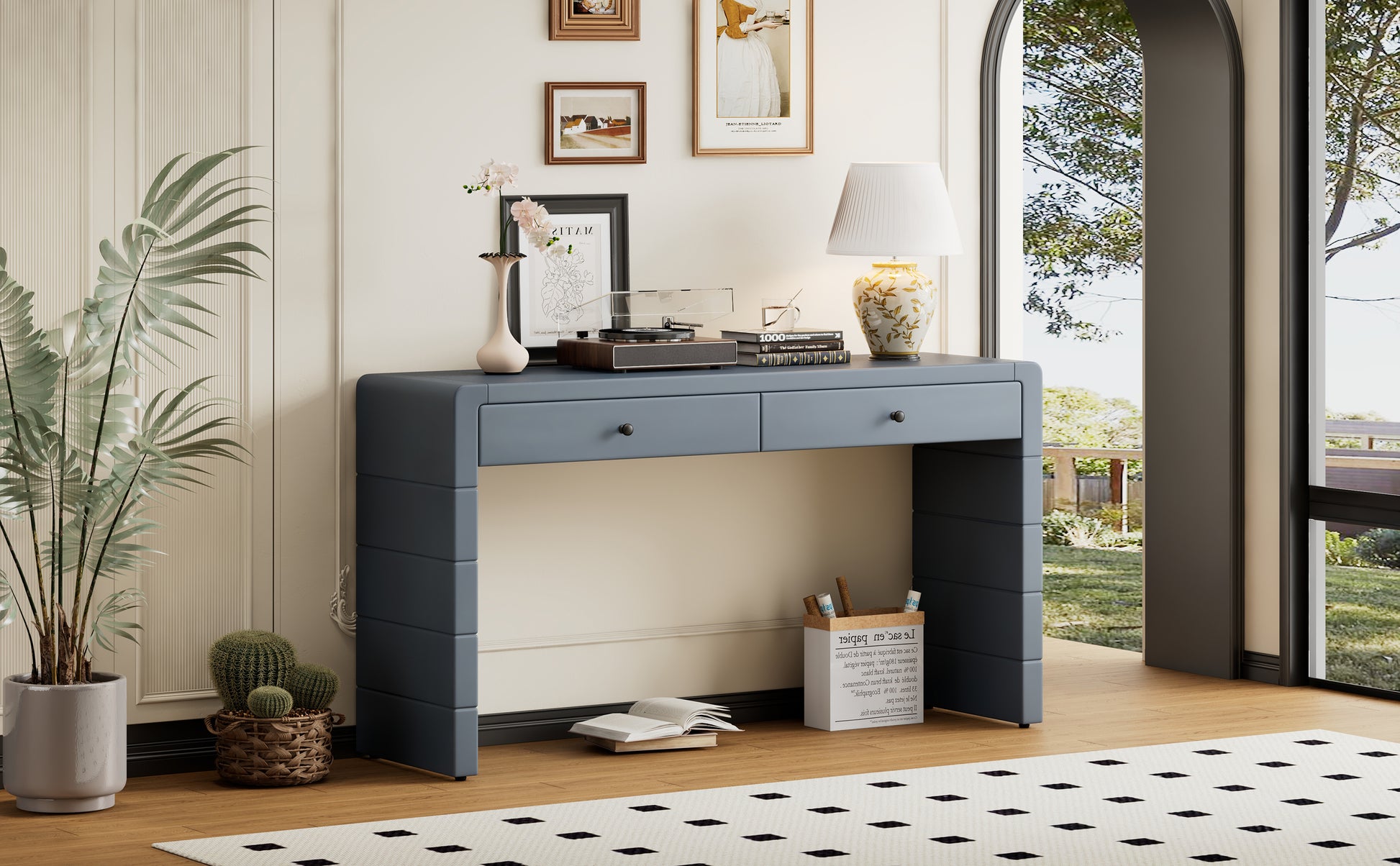 TREXM Curved Console Table with Storage, Wooden Entryway Table with 2 Drawers, Farmhouse Rustic Console Tables for Entryway, Hallway, Living Room, Navy