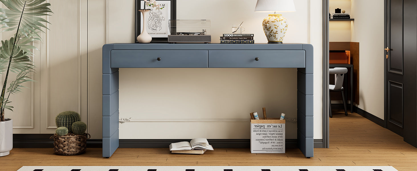 TREXM Curved Console Table with Storage, Wooden Entryway Table with 2 Drawers, Farmhouse Rustic Console Tables for Entryway, Hallway, Living Room, Navy