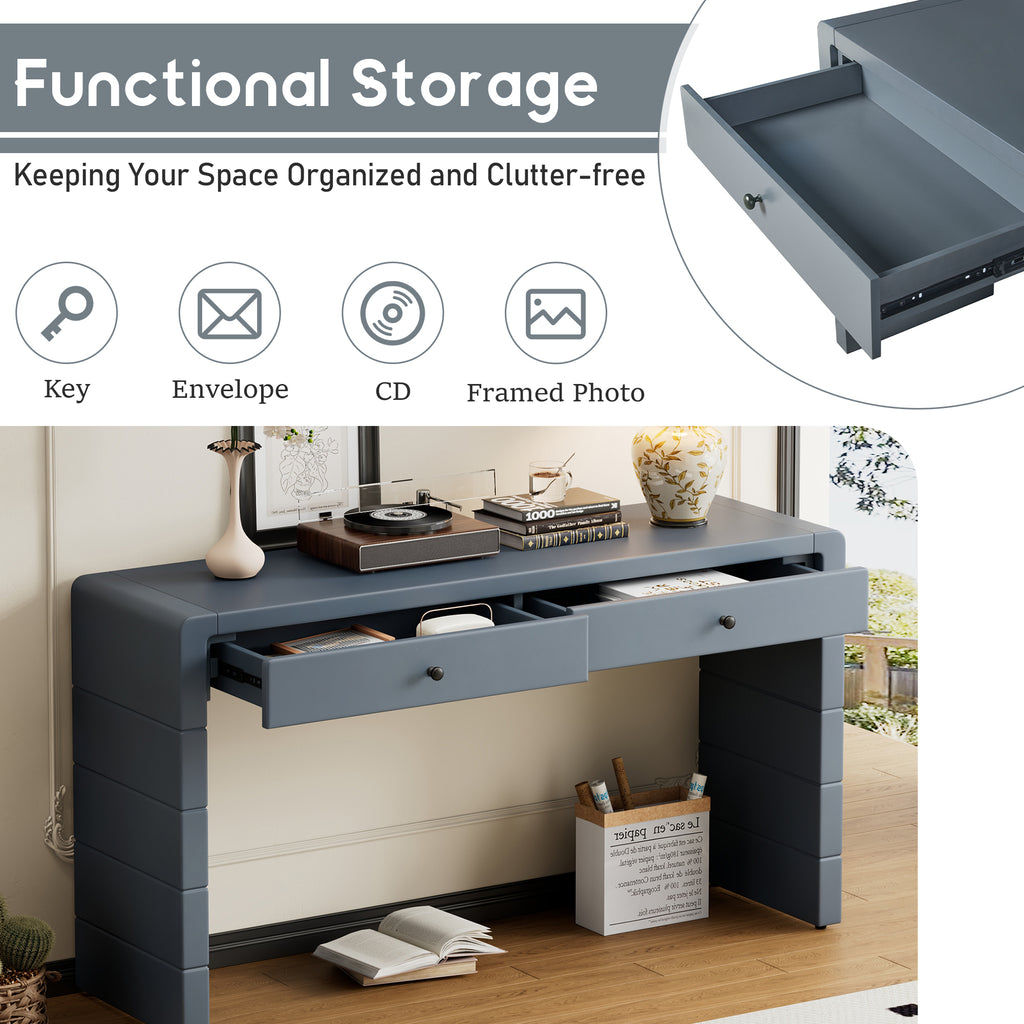 TREXM Curved Console Table with Storage, Wooden Entryway Table with 2 Drawers, Farmhouse Rustic Console Tables for Entryway, Hallway, Living Room, Navy