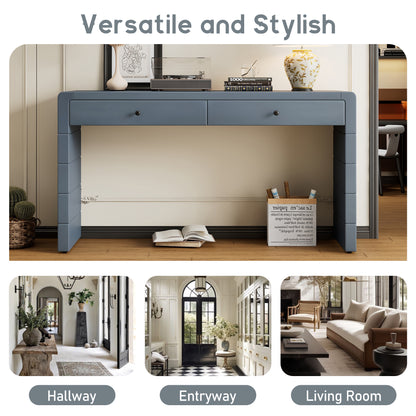 TREXM Curved Console Table with Storage, Wooden Entryway Table with 2 Drawers, Farmhouse Rustic Console Tables for Entryway, Hallway, Living Room, Navy