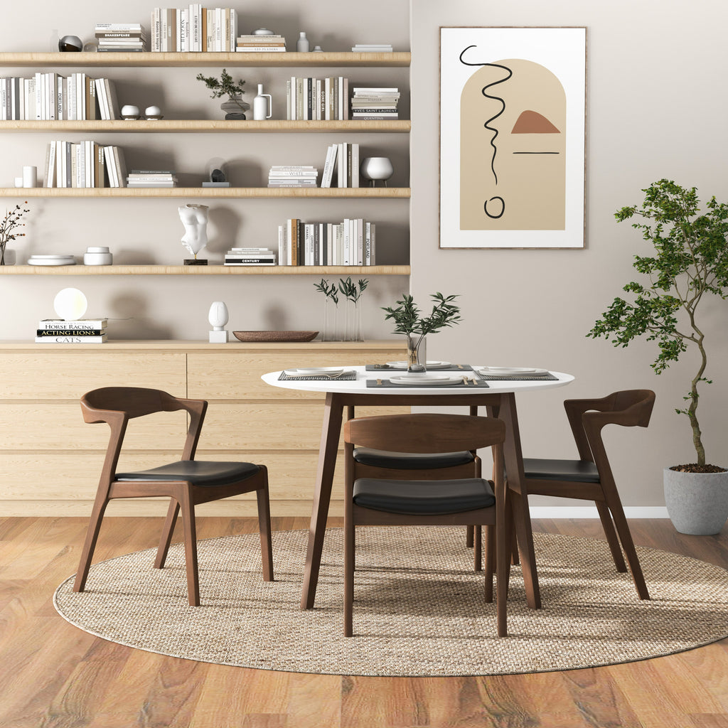 Dakota Mid-Century Solid Wood Dining Chair Set with Black Leather Upholstery Set Of 2