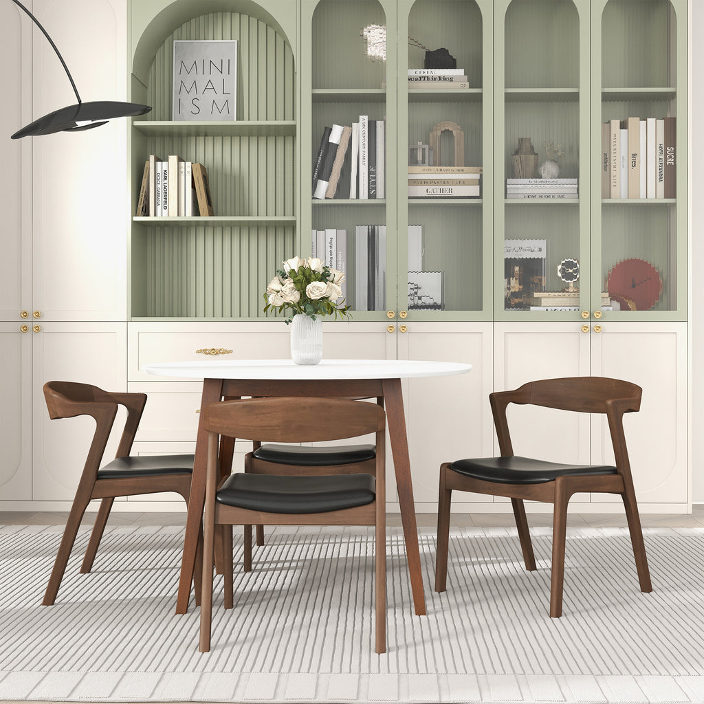 Dakota Mid-Century Solid Wood Dining Chair Set with Black Leather Upholstery Set Of 2