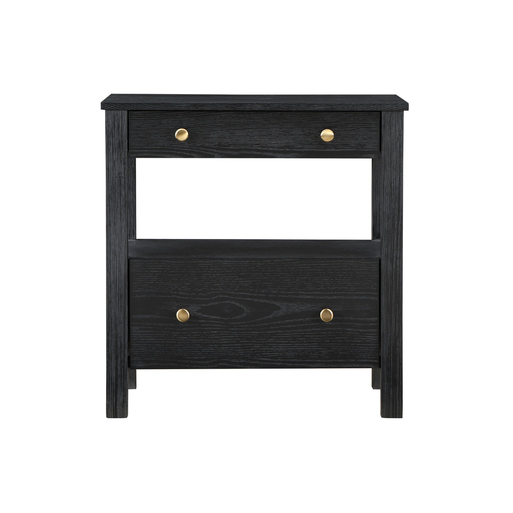 Danielle 2 Drawer Nightstand in Black with Gold Knobs, Modern Oak Veneer Design