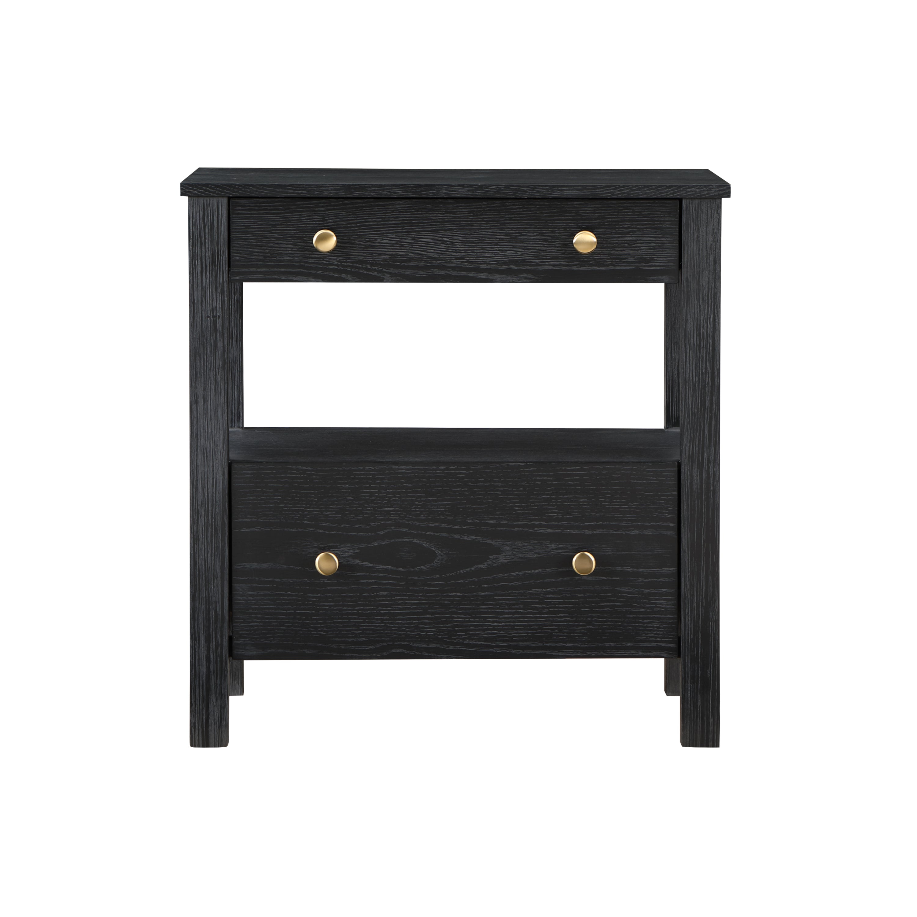 Danielle 2 Drawer Nightstand in Black with Gold Knobs, Modern Oak Veneer Design
