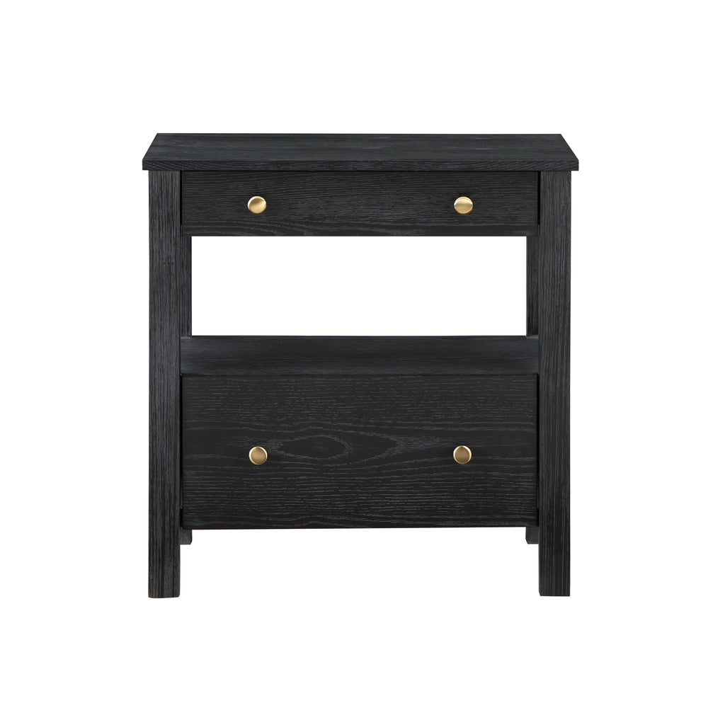 Danielle 2 Drawer Nightstand in Black with Gold Knobs, Modern Oak Veneer Design