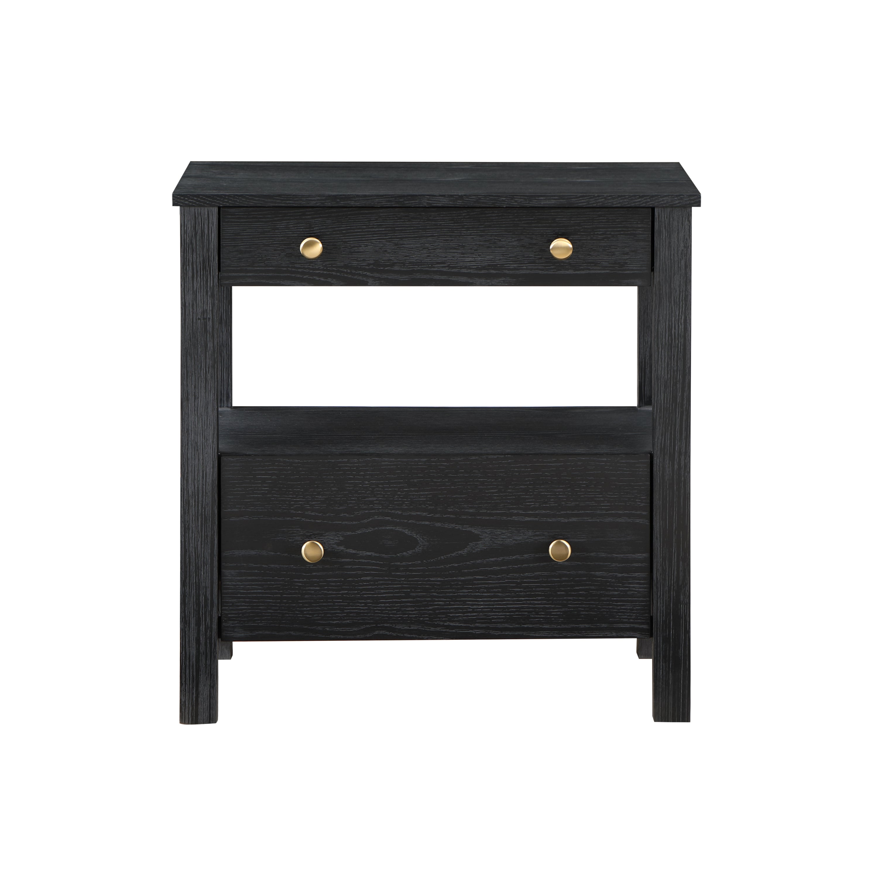 Danielle 2 Drawer Nightstand in Black with Gold Knobs, Modern Oak Veneer Design