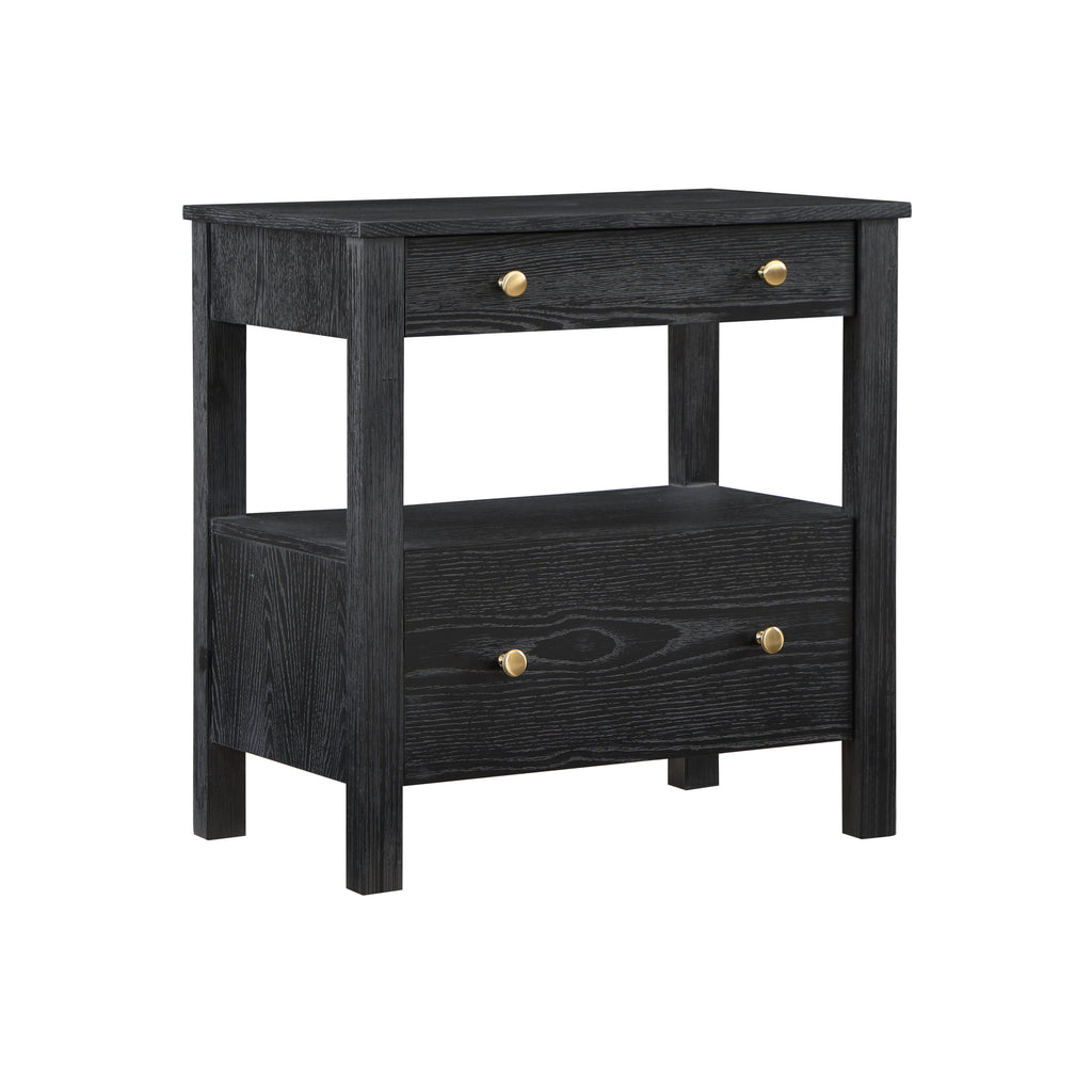 Danielle 2 Drawer Nightstand in Black with Gold Knobs, Modern Oak Veneer Design