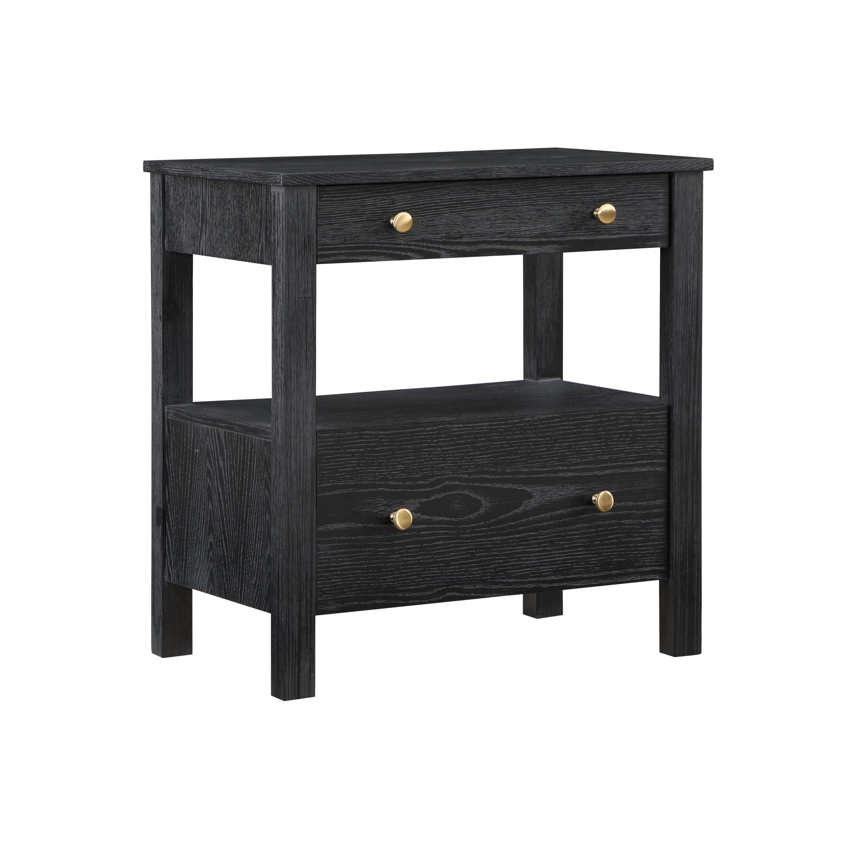 Danielle 2 Drawer Nightstand in Black with Gold Knobs, Modern Oak Veneer Design