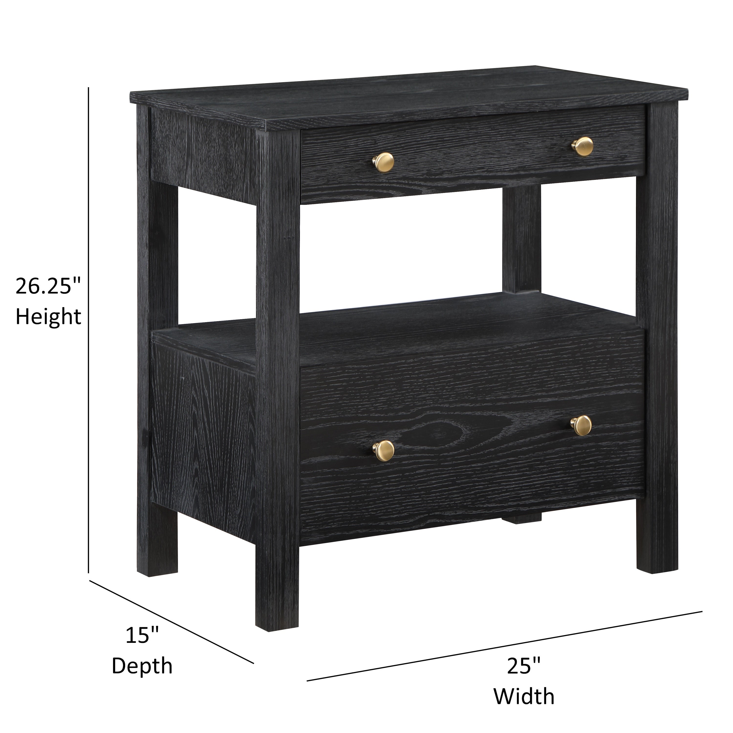 Danielle 2 Drawer Nightstand in Black with Gold Knobs, Modern Oak Veneer Design