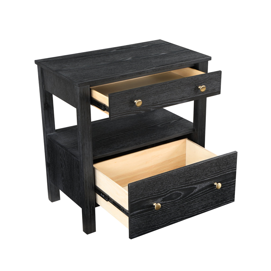 Danielle 2 Drawer Nightstand in Black with Gold Knobs, Modern Oak Veneer Design