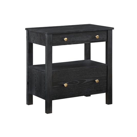 Danielle 2 Drawer Nightstand in Black with Gold Knobs, Modern Oak Veneer Design