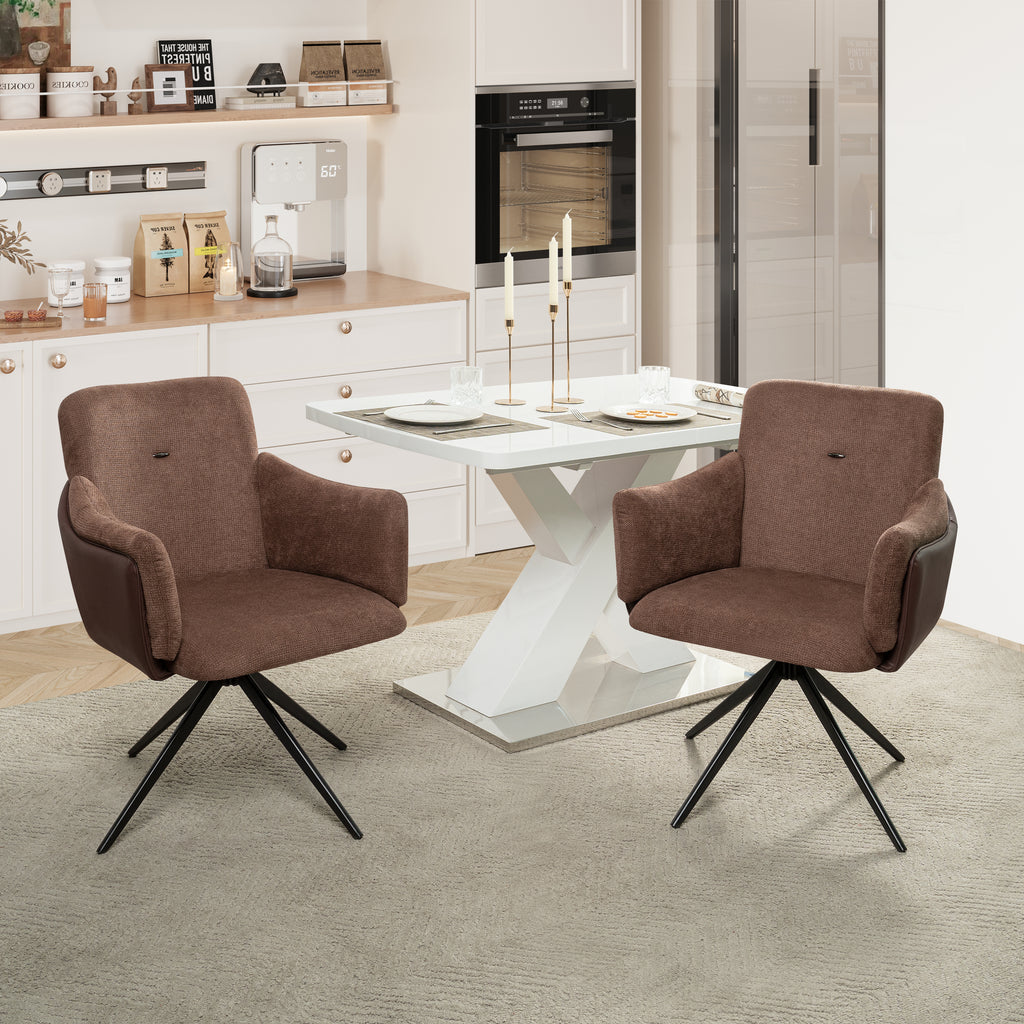 360° Swivel Home Office Desk Chairs Set of 2,Dining Chairs with Arm, Upholstered Bedroom Chairs with Metal Base,Makeup Chair for Vanity, for Living Room, Bedroom,Study Room,Dining Room(Dark Brown)