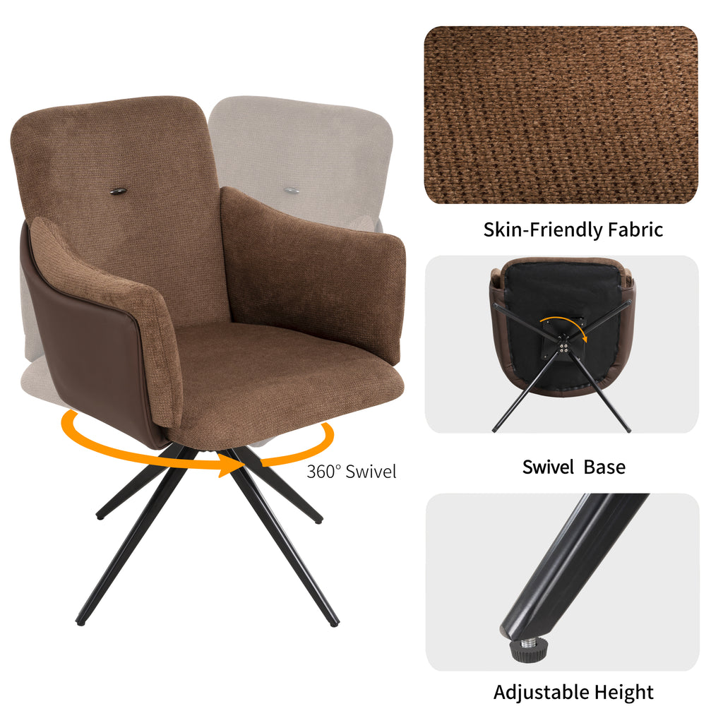 360° Swivel Home Office Desk Chairs Set of 2,Dining Chairs with Arm, Upholstered Bedroom Chairs with Metal Base,Makeup Chair for Vanity, for Living Room, Bedroom,Study Room,Dining Room(Dark Brown)