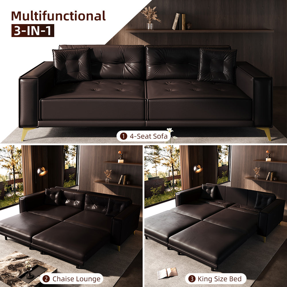 92.1'King Size Pull Out Sofa Bed,3-in-1 Faux Leather Convertible Sleeper Sofa with Ultra Wide Armrests,Tufted Modern Sofa,4-Seater Couch with 2 Pillows for Living Room,Apartment,Office,Dark Brown Sofa