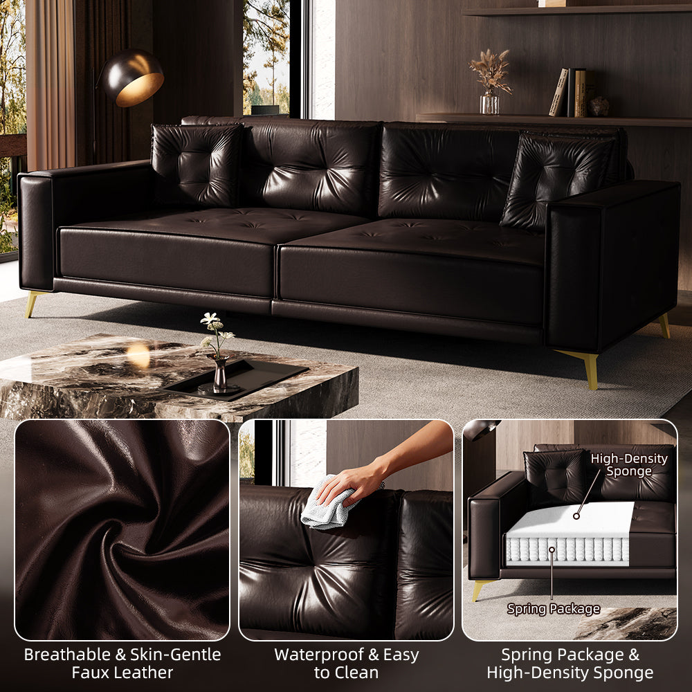 92.1'King Size Pull Out Sofa Bed,3-in-1 Faux Leather Convertible Sleeper Sofa with Ultra Wide Armrests,Tufted Modern Sofa,4-Seater Couch with 2 Pillows for Living Room,Apartment,Office,Dark Brown Sofa