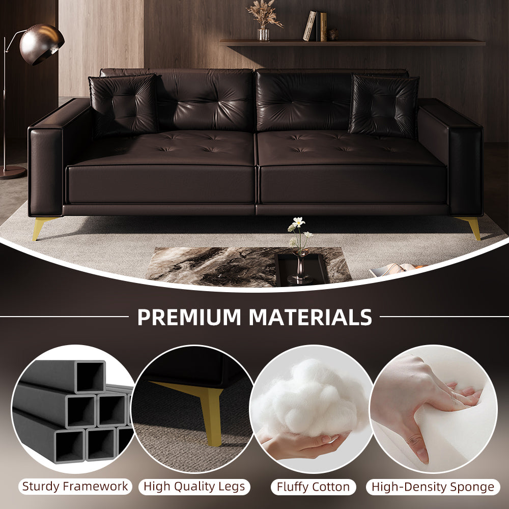 92.1'King Size Pull Out Sofa Bed,3-in-1 Faux Leather Convertible Sleeper Sofa with Ultra Wide Armrests,Tufted Modern Sofa,4-Seater Couch with 2 Pillows for Living Room,Apartment,Office,Dark Brown Sofa