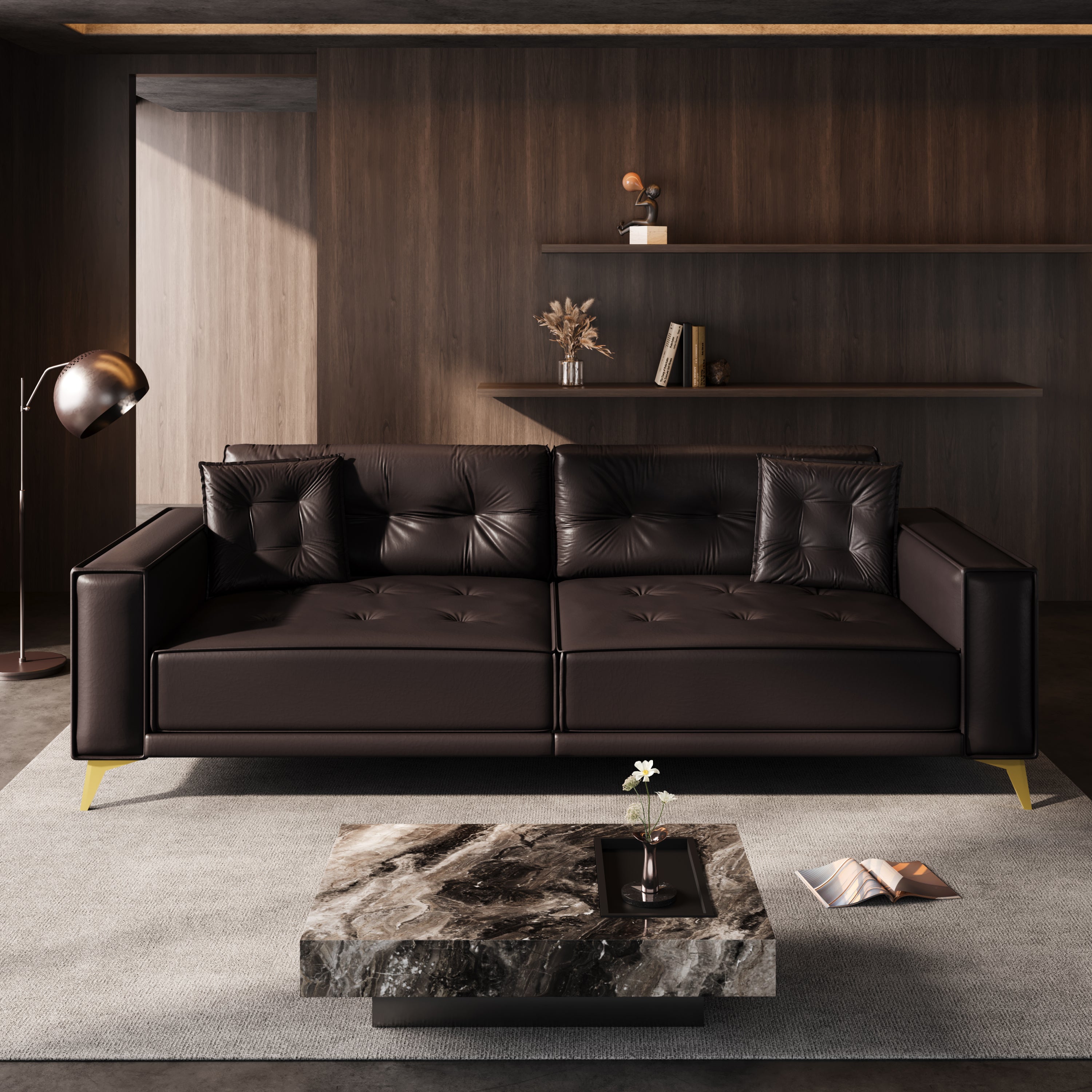 92.1'King Size Pull Out Sofa Bed,3-in-1 Faux Leather Convertible Sleeper Sofa with Ultra Wide Armrests,Tufted Modern Sofa,4-Seater Couch with 2 Pillows for Living Room,Apartment,Office,Dark Brown Sofa