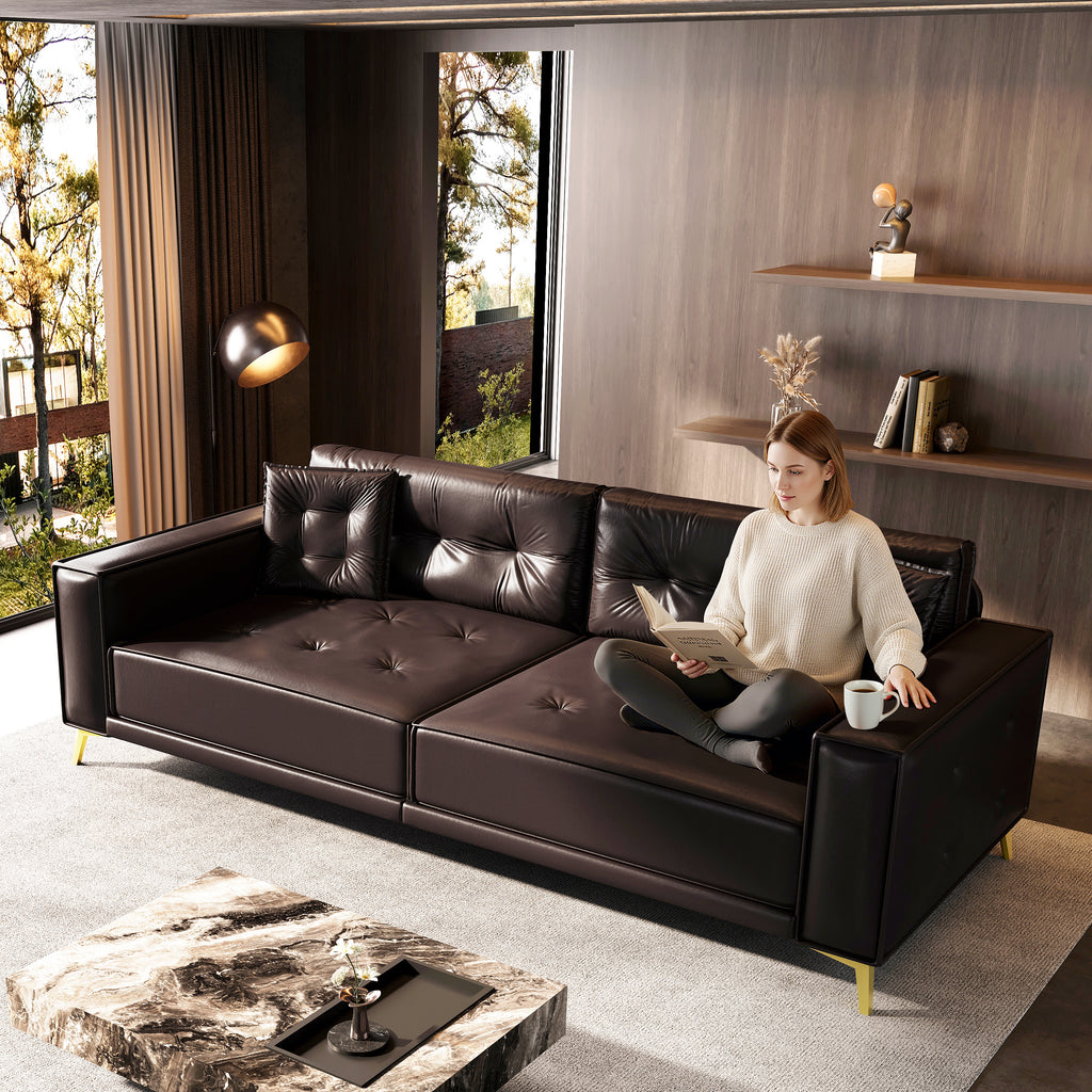 92.1'King Size Pull Out Sofa Bed,3-in-1 Faux Leather Convertible Sleeper Sofa with Ultra Wide Armrests,Tufted Modern Sofa,4-Seater Couch with 2 Pillows for Living Room,Apartment,Office,Dark Brown Sofa