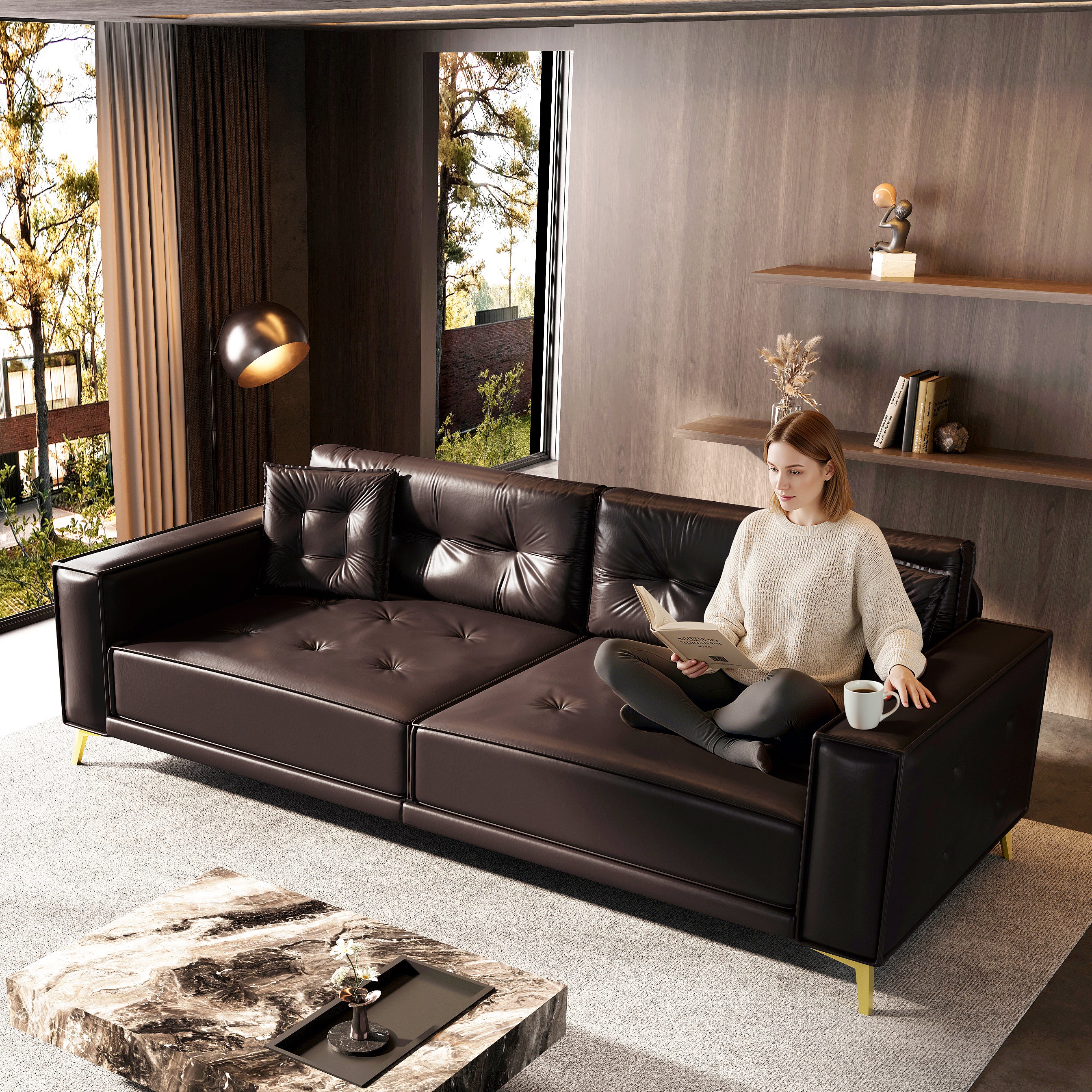 92.1'King Size Pull Out Sofa Bed,3-in-1 Faux Leather Convertible Sleeper Sofa with Ultra Wide Armrests,Tufted Modern Sofa,4-Seater Couch with 2 Pillows for Living Room,Apartment,Office,Dark Brown Sofa