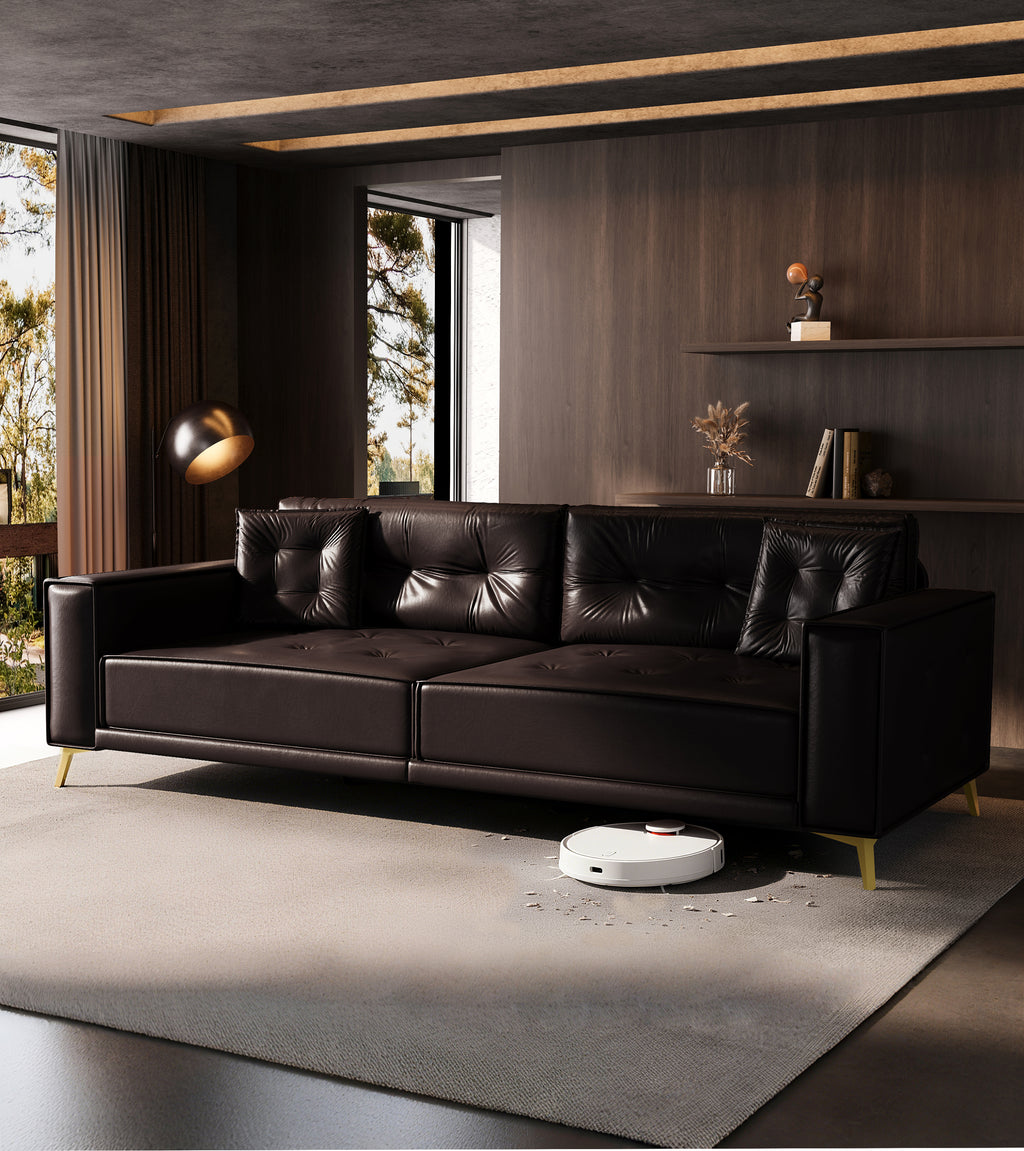 92.1'King Size Pull Out Sofa Bed,3-in-1 Faux Leather Convertible Sleeper Sofa with Ultra Wide Armrests,Tufted Modern Sofa,4-Seater Couch with 2 Pillows for Living Room,Apartment,Office,Dark Brown Sofa