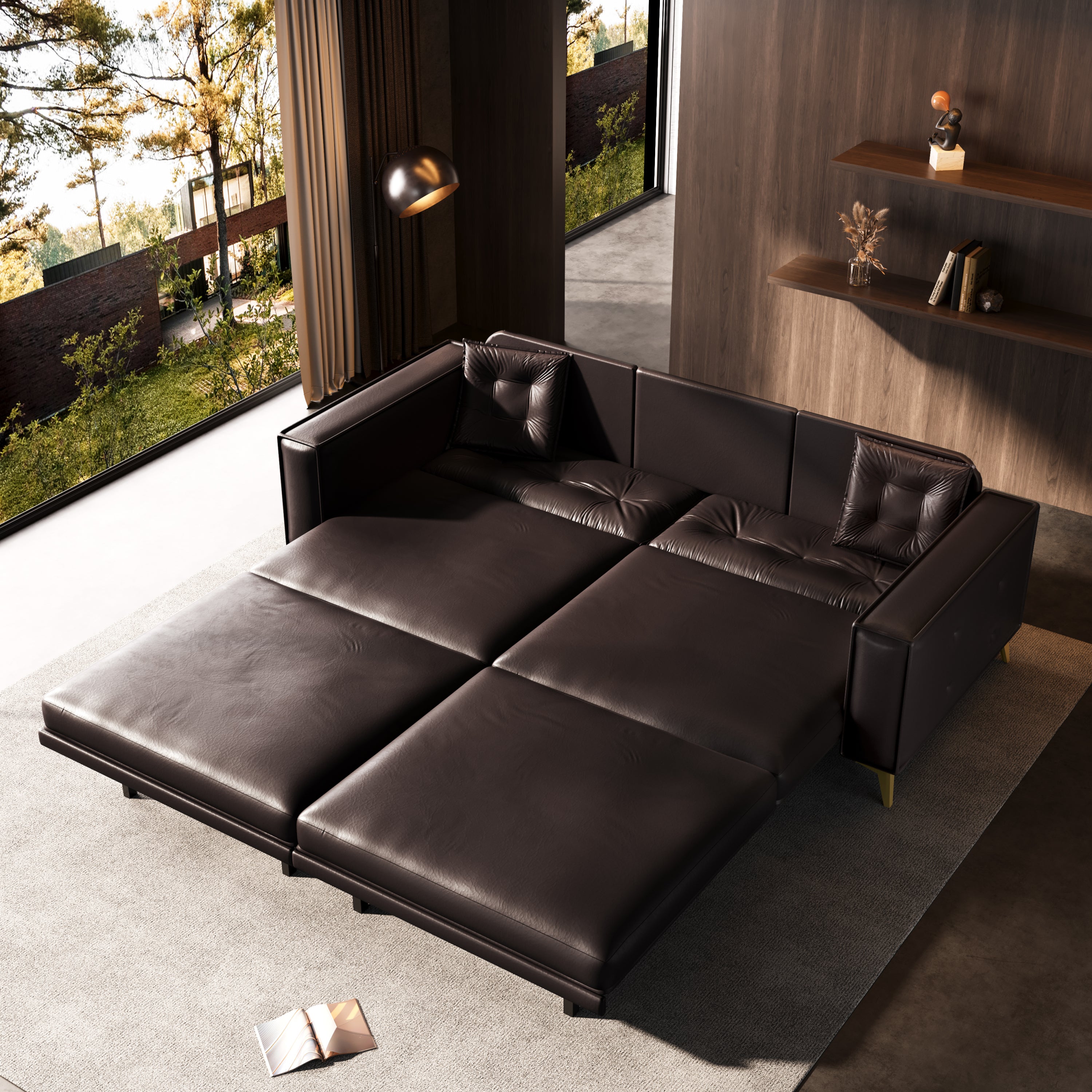 92.1'King Size Pull Out Sofa Bed,3-in-1 Faux Leather Convertible Sleeper Sofa with Ultra Wide Armrests,Tufted Modern Sofa,4-Seater Couch with 2 Pillows for Living Room,Apartment,Office,Dark Brown Sofa