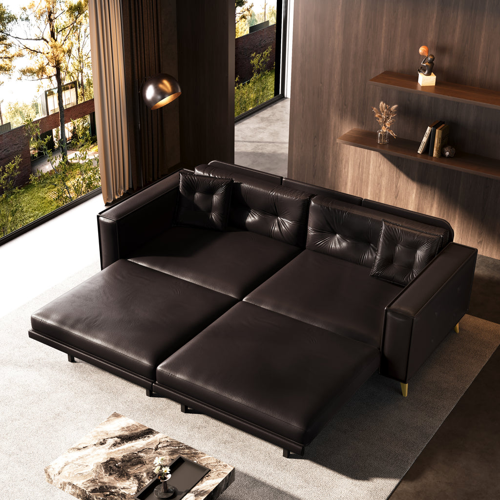 92.1'King Size Pull Out Sofa Bed,3-in-1 Faux Leather Convertible Sleeper Sofa with Ultra Wide Armrests,Tufted Modern Sofa,4-Seater Couch with 2 Pillows for Living Room,Apartment,Office,Dark Brown Sofa