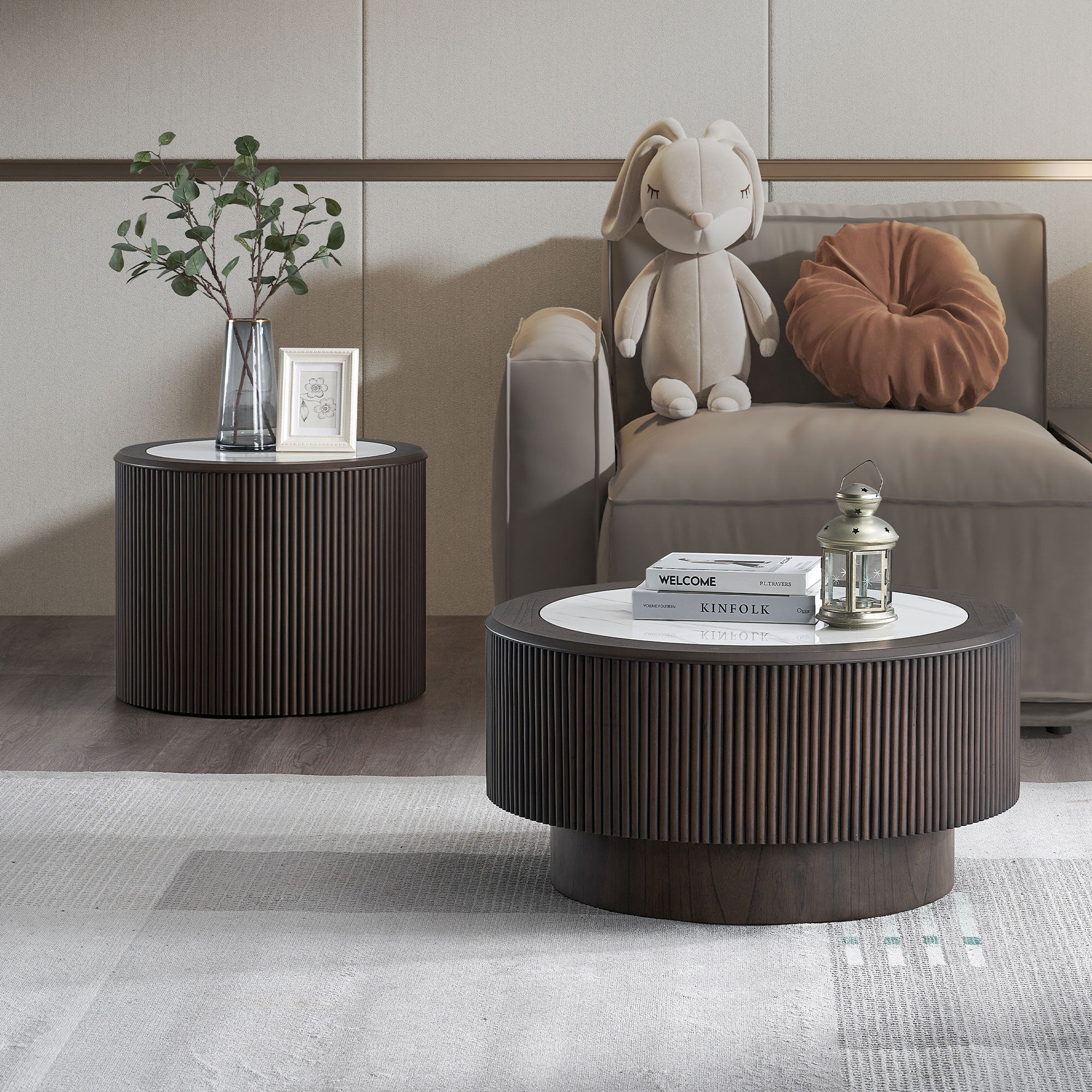 Modern MDF Coffee Table Set in dark brown with marble top, ideal for contemporary living rooms and office spaces.